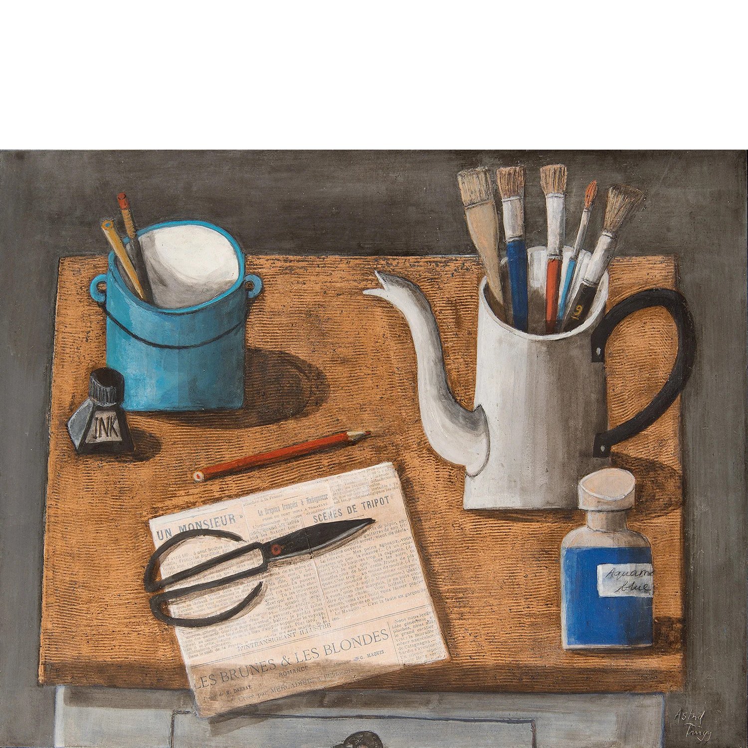 Blue bucket, white jug of brushes, ink bottle, scissors, pencil, and aquamarine bottle on a warm tabletop. Mixed media painting on panel by Astrid Trügg.