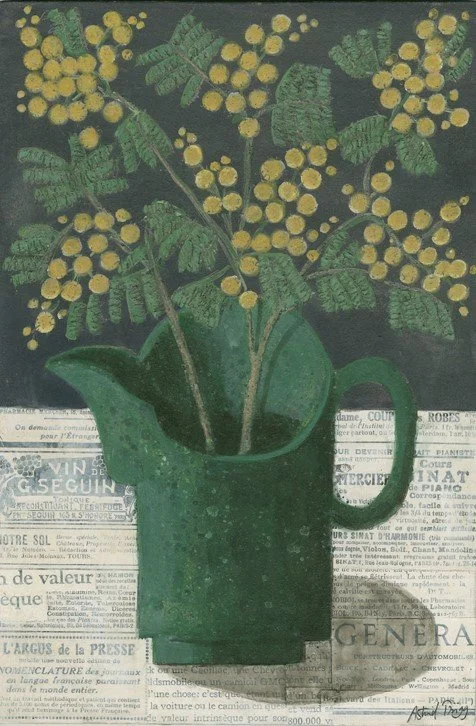 Yellow mimosa branches in a green jug. Hand-signed giclée print by Astrid Trügg.