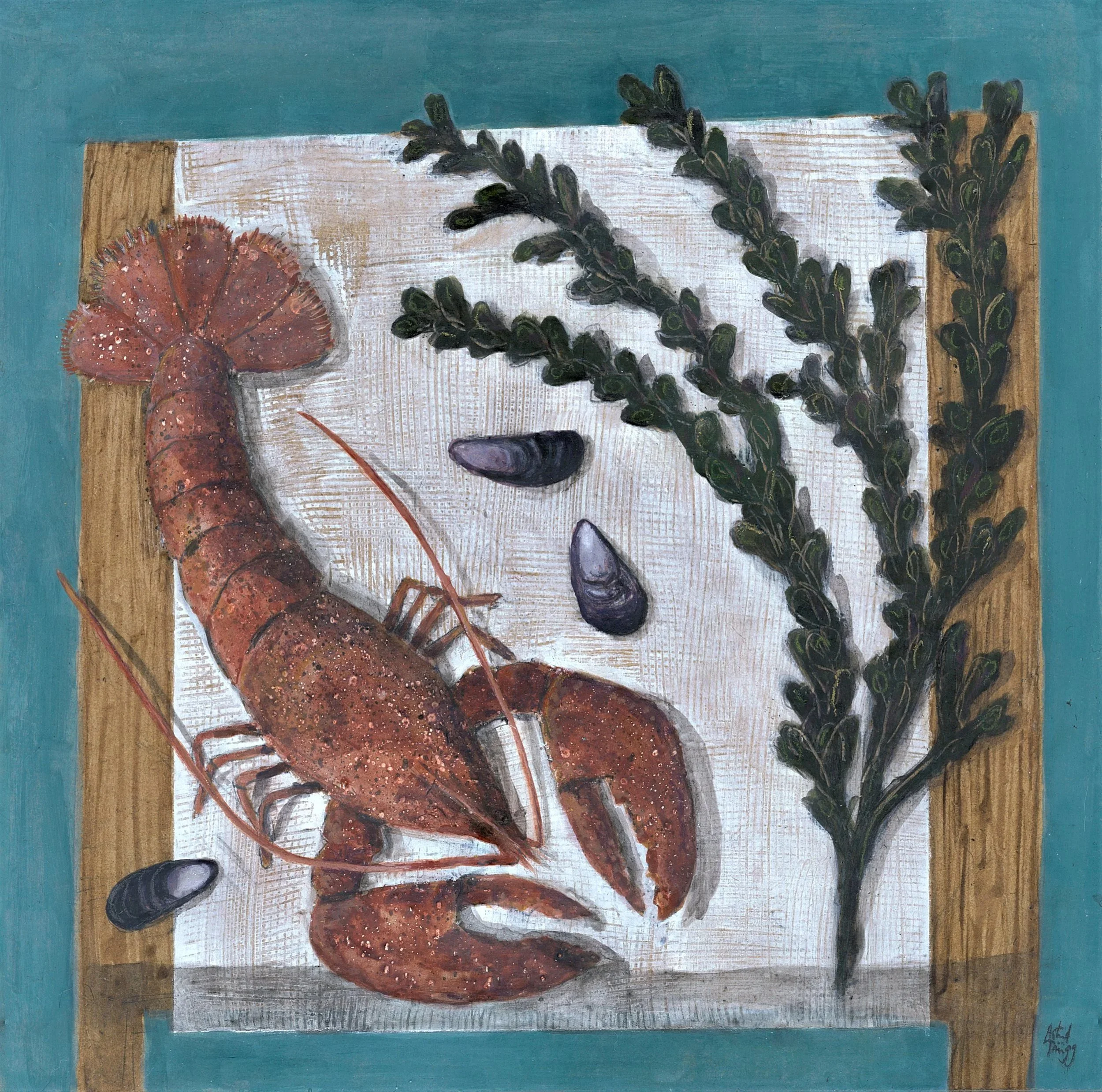 Lobster, mussels, and sea kale arranged in a coastal still life with a blue background. Mixed media painting on panel by Astrid Trügg.