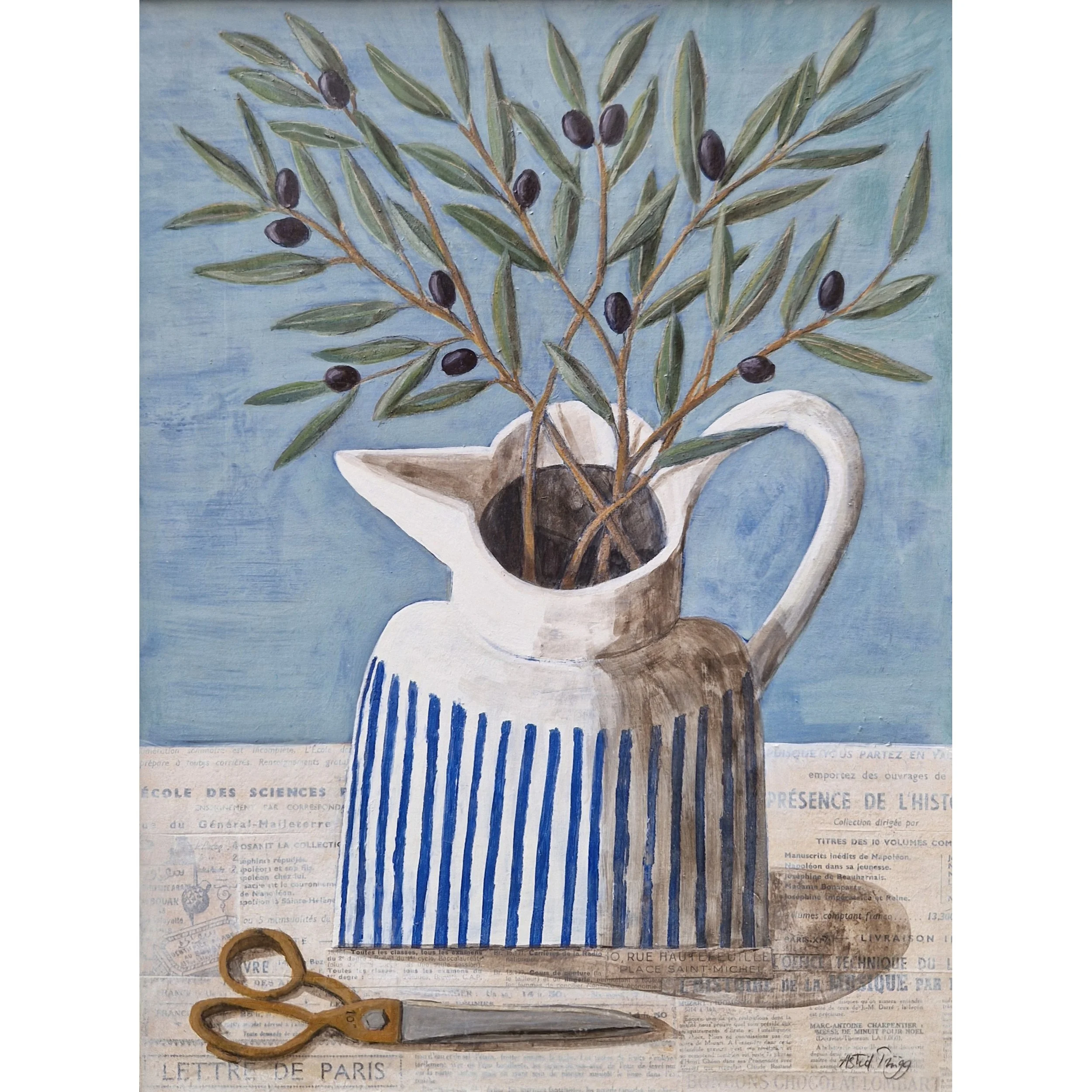 Cut olive branches with slim grey-green leaves. Mixed media still life painting on panel by Astrid Trügg.