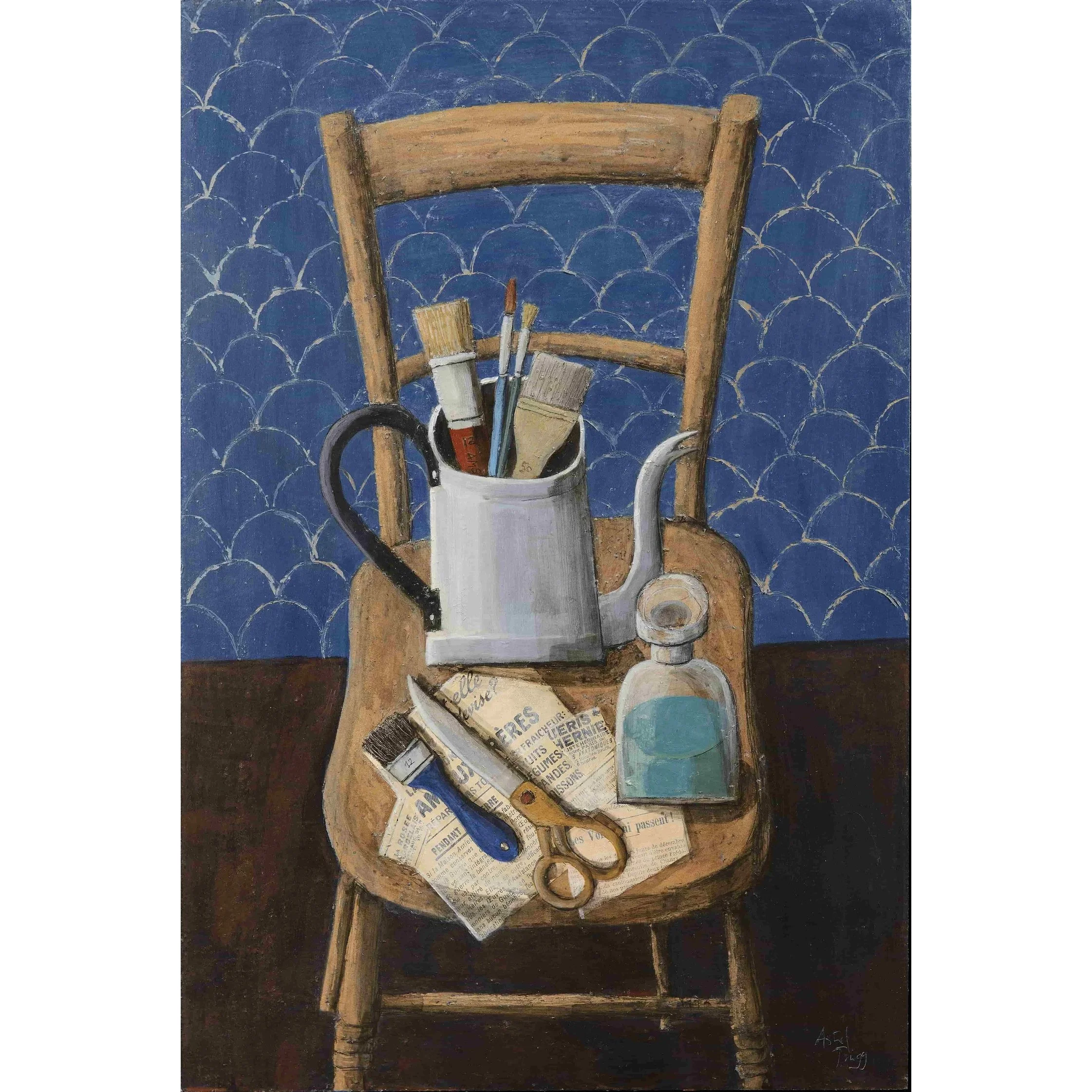 Wooden chair with brushes, a jug, and small studio tools against a deep blue patterned background. Mixed media painting on panel by Astrid Trügg.