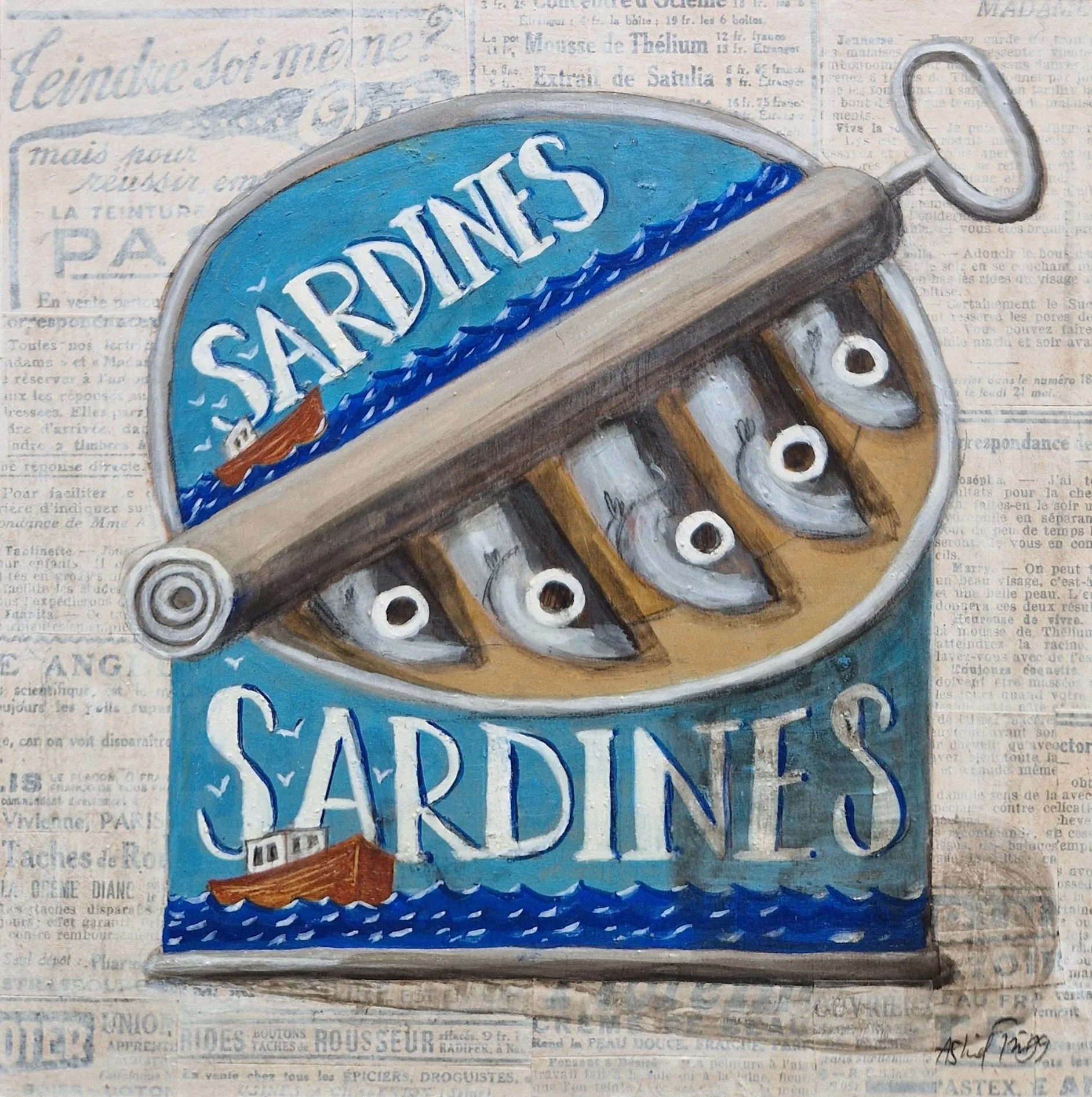 An opened tin of sardines on antique French newspaper. Mixed media still life painting on panel by Astrid Trügg.