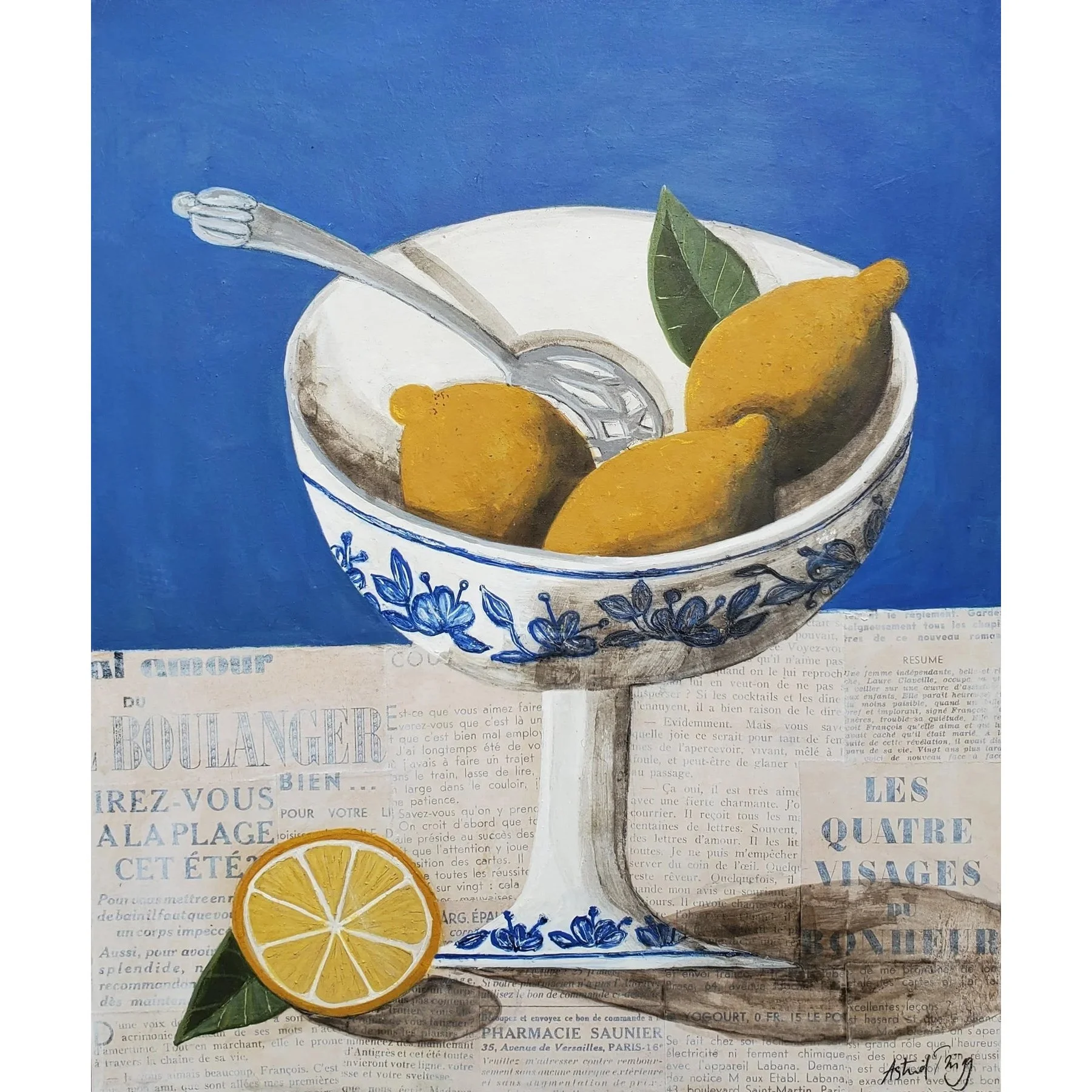 Still life with a bowl of lemons on a pedestal, a cut lemon, and a spoon against a blue background. Mixed media painting on panel by Astrid Trügg.