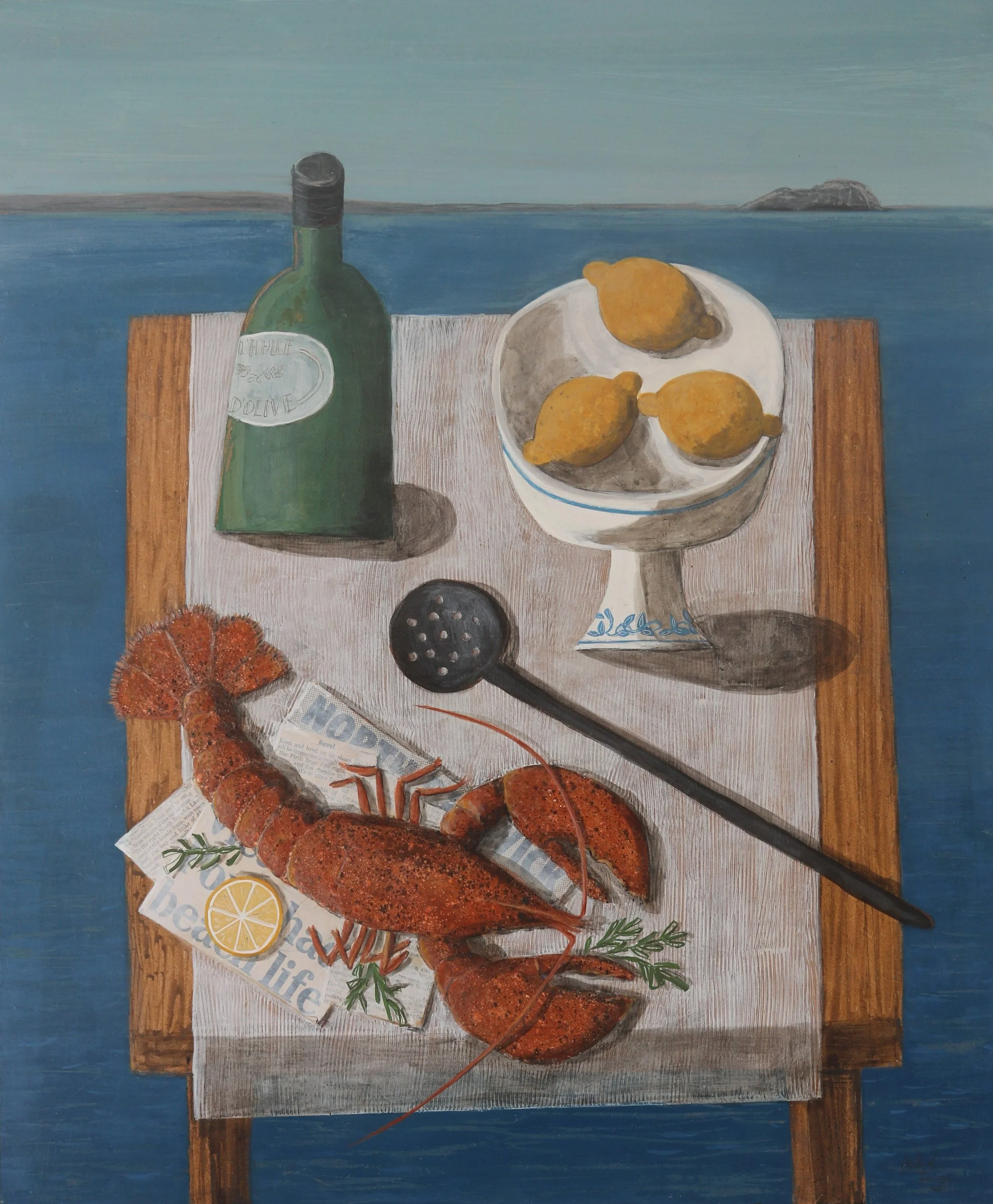 A red lobster, lemons and olive oil on a table by the sea. Hand-signed giclée print by Astrid Trügg.