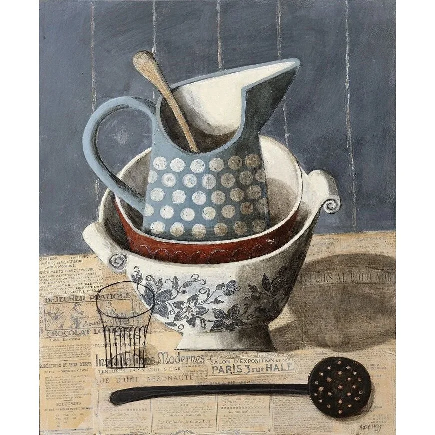 Patterned jug stacked with bowls, with a spoon and dark serving spoon on a paper-covered table. Mixed media painting on panel by Astrid Trügg.