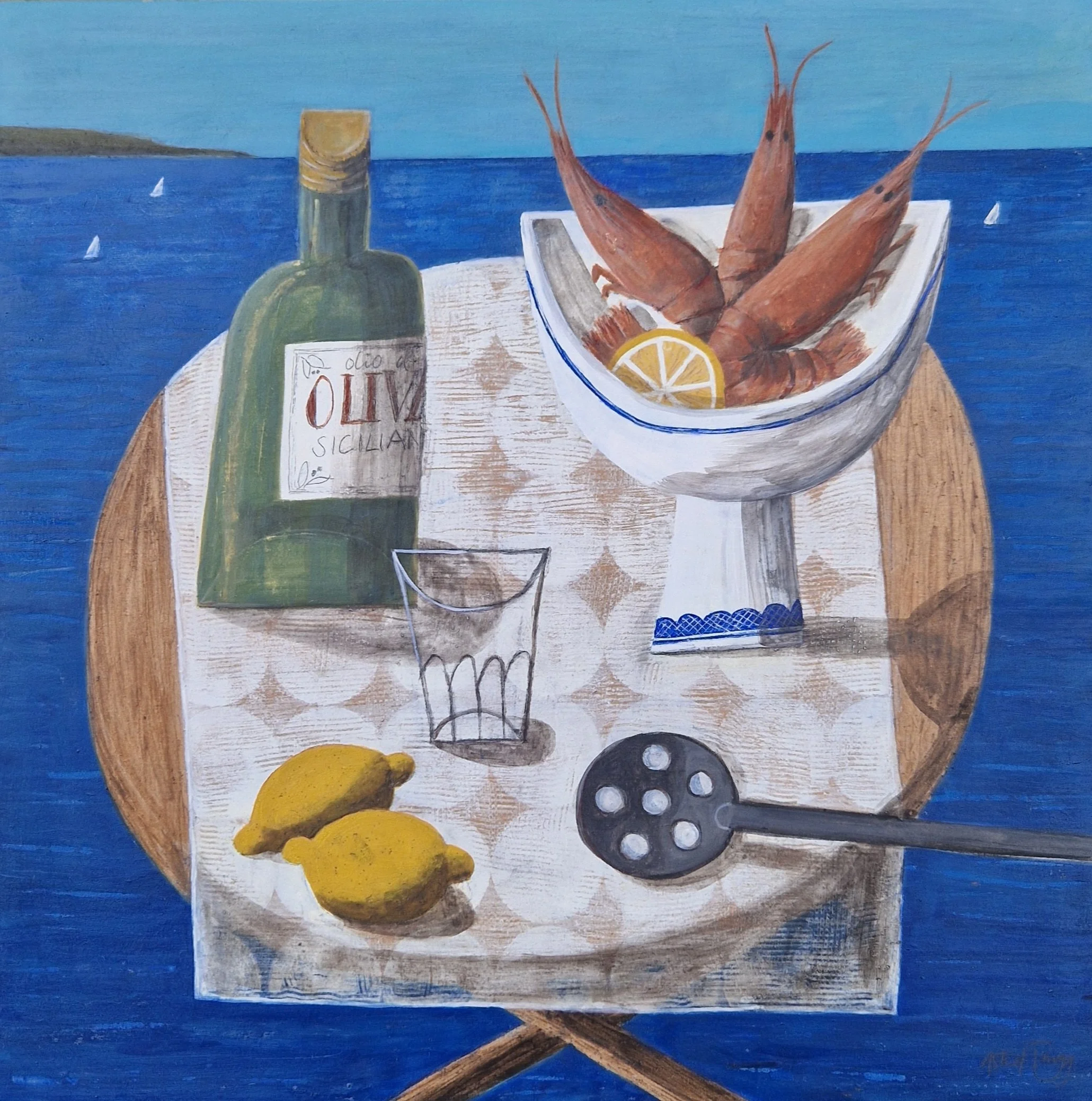 A table of langoustines, lemons and olive oil by the sea, with blue water and white sails beyond. Mixed media still life painting on panel by Astrid Trügg.