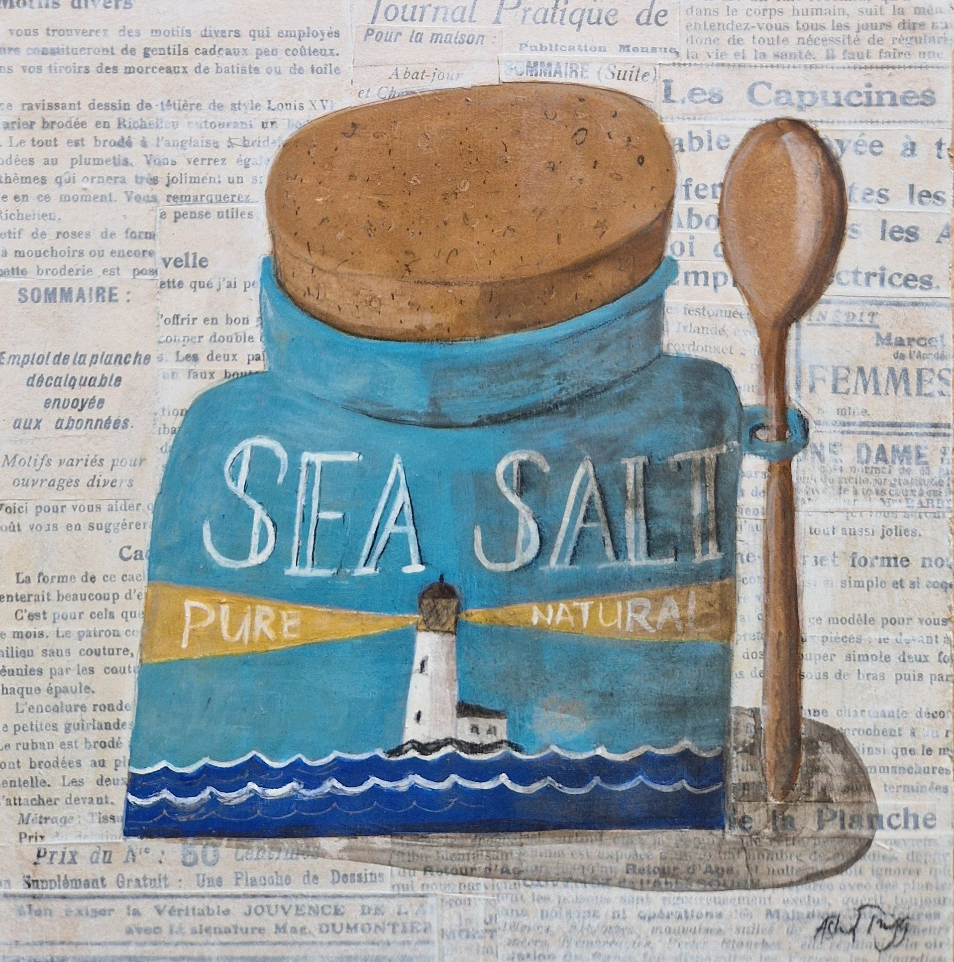 A glass sea salt jar with a lighthouse label and a wooden spoon resting on antique French newspaper. Mixed media still life painting on panel by Astrid Trügg.