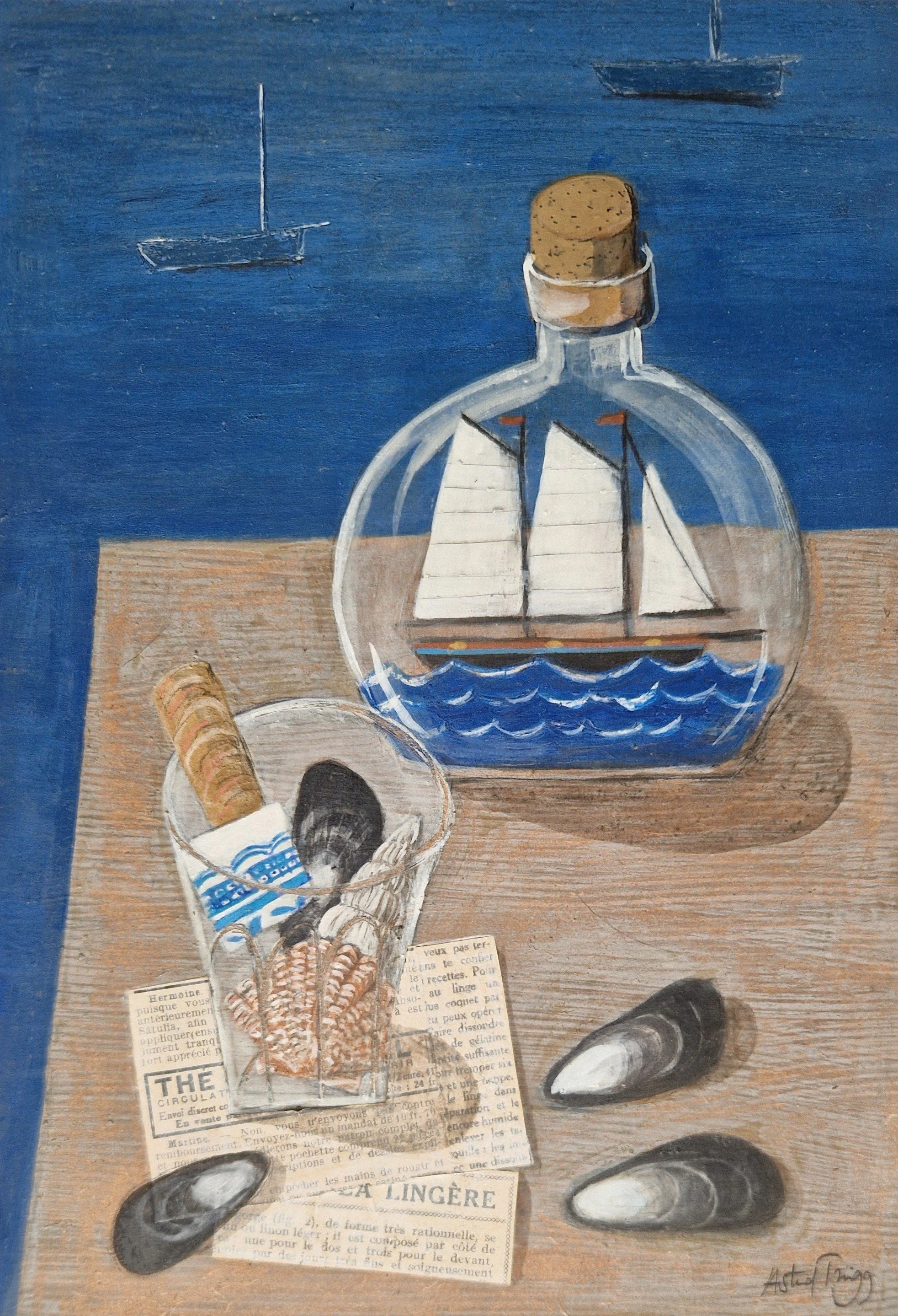 A ship in a glass bottle, shells and mussel shells by the sea. Mixed media still life on panel by Astrid Trügg.
