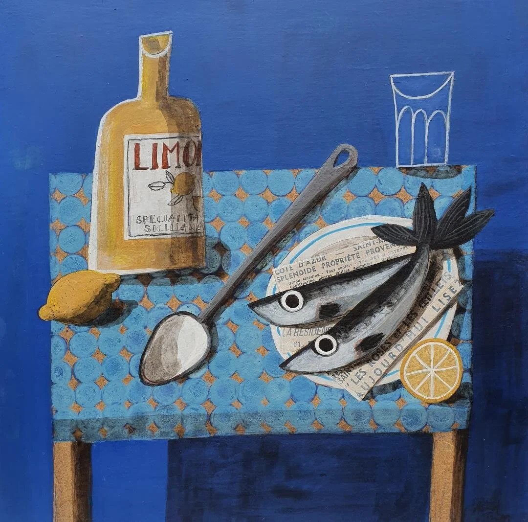 Still life with a bottle of limoncello, a lemon, a glass, and sardines on a patterned table. Mixed media painting on panel by Astrid Trügg.