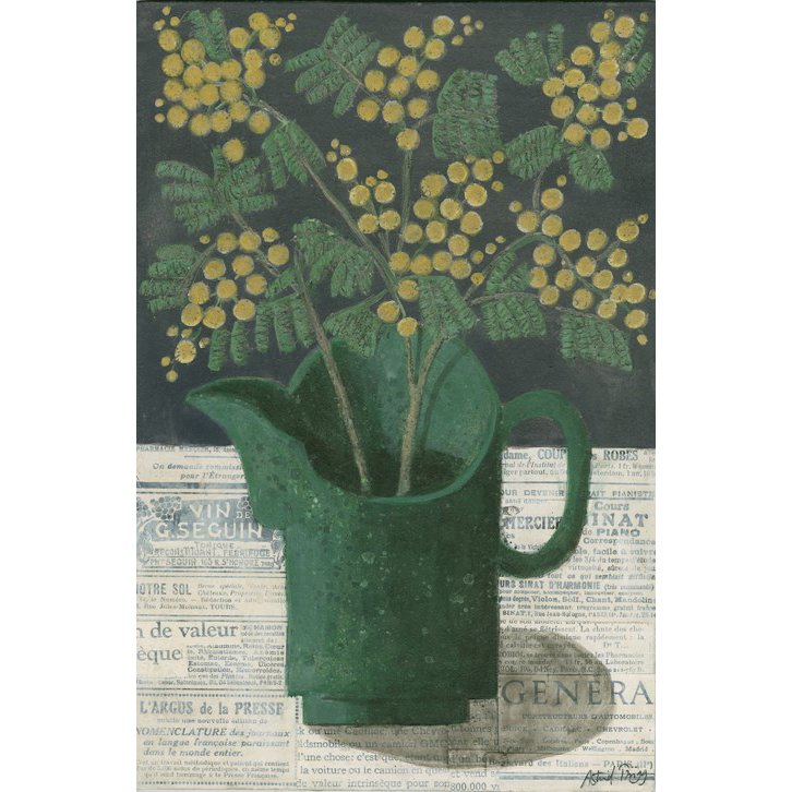Yellow mimosa branches in a green jug. Hand-signed giclée print by Astrid Trügg.
