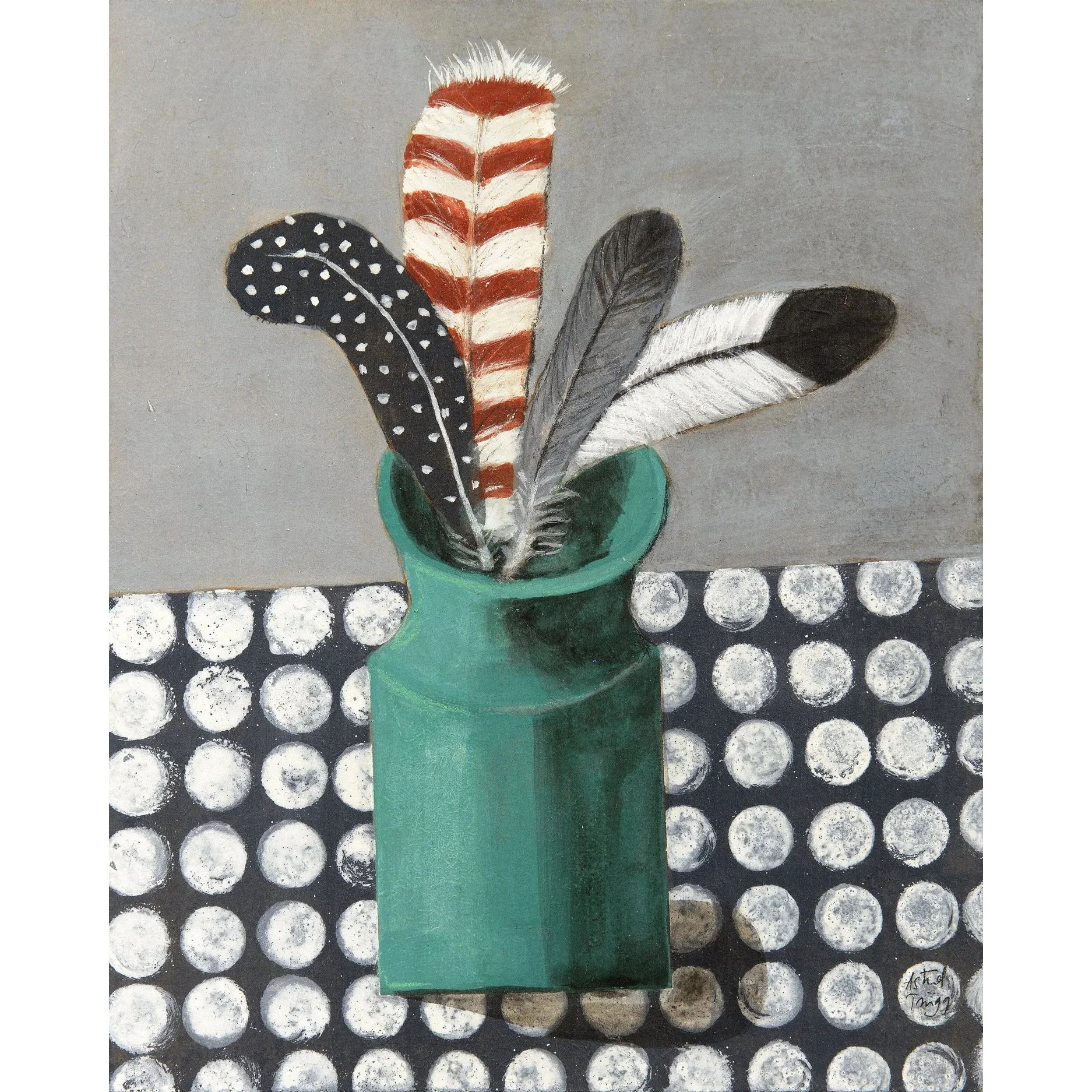 Green vase holding a selection of patterned feathers against a grey background and dotted table surface. Mixed media painting on panel by Astrid Trügg.