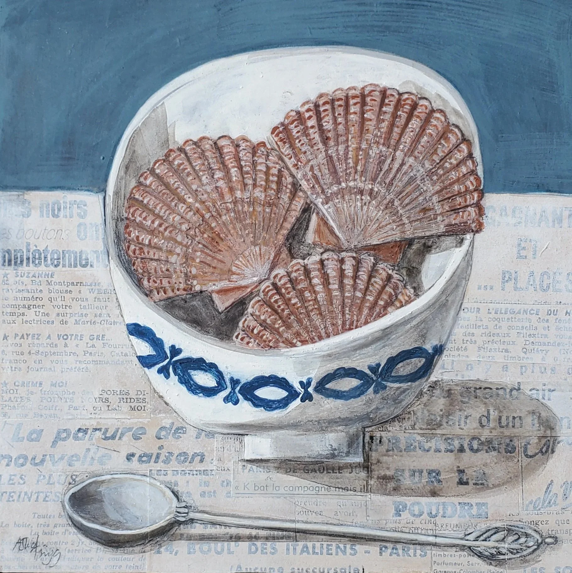 White bowl of scallops on a pale tabletop with a long spoon and blue background. Mixed media painting on panel by Astrid Trügg.