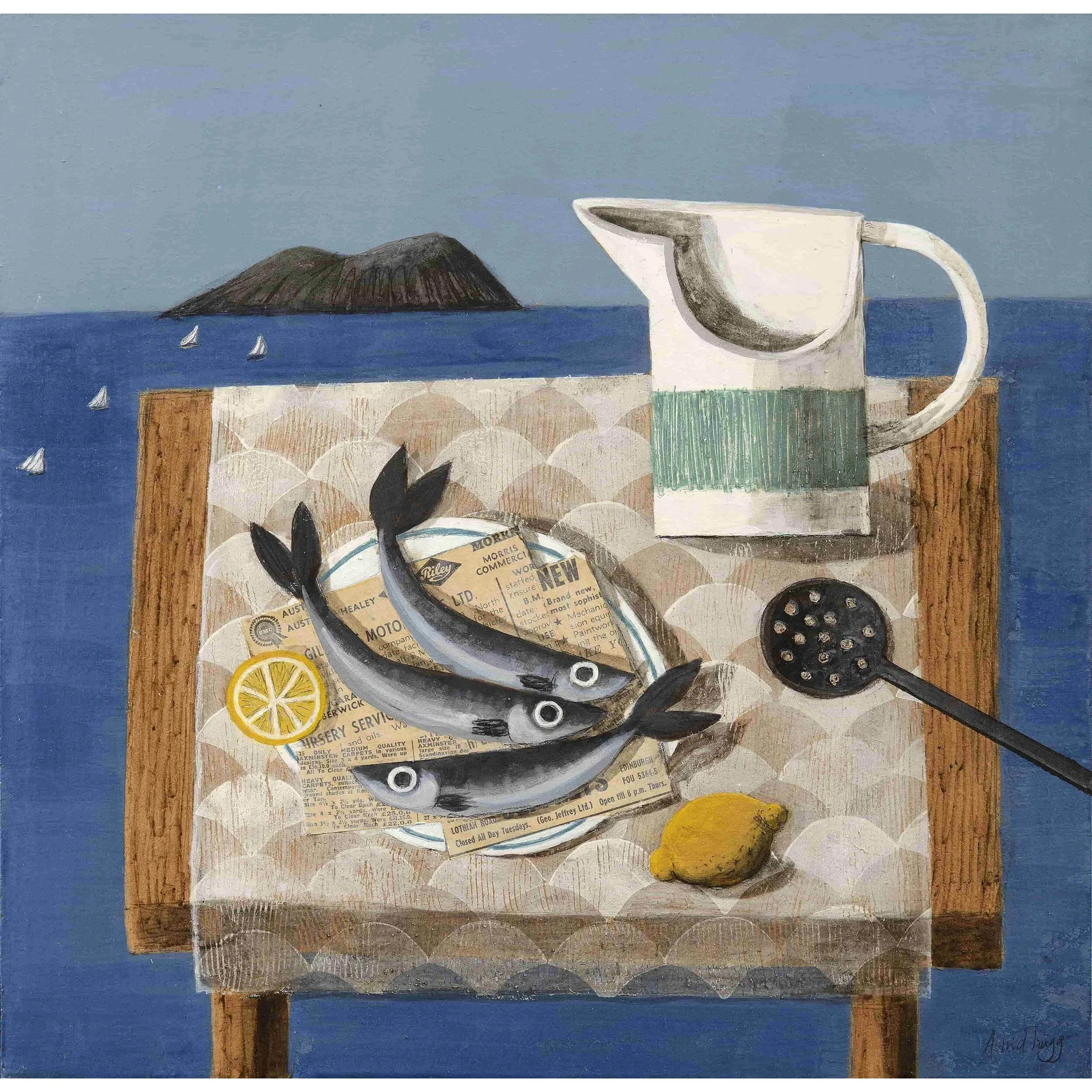 Still life with a blue-and-white jug, fish, a lemon, and a coastal island view in the background. Mixed media painting on panel by Astrid Trügg.