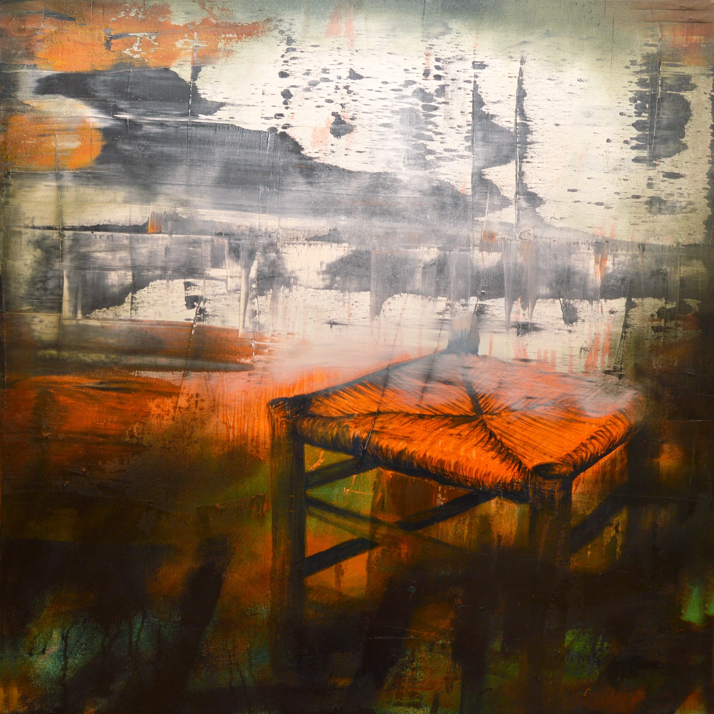 Traditional Irish chair set against an abstract, textured landscape, painted by Tracy Sweeney.