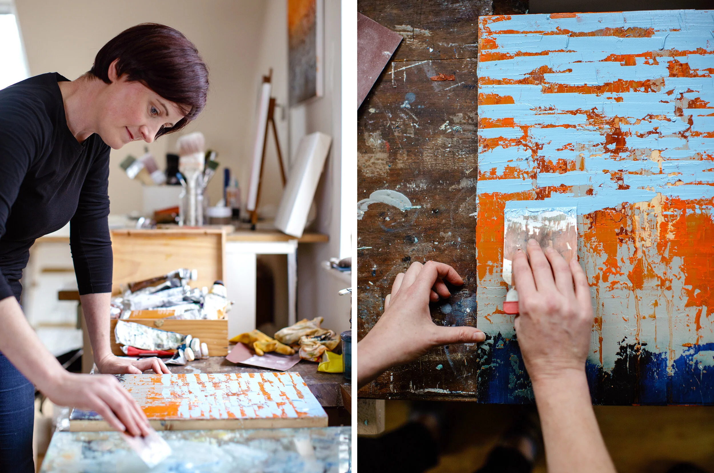 Tracy Sweeney artist applying paint to an abstract painting in her west of Ireland studio