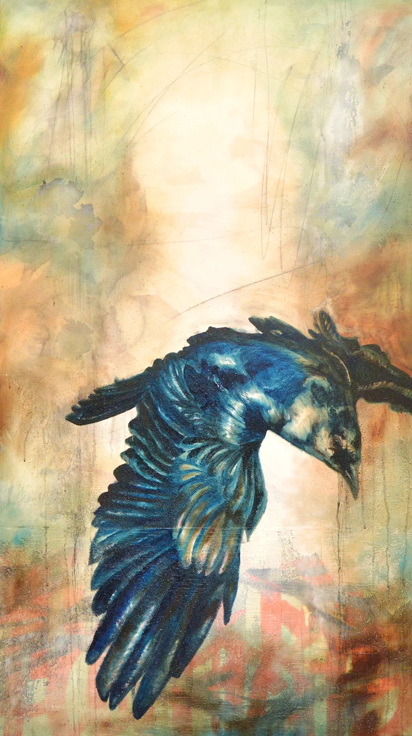 Blue and black bird against a softly coloured, textured background, painted by Tracy Sweeney.
