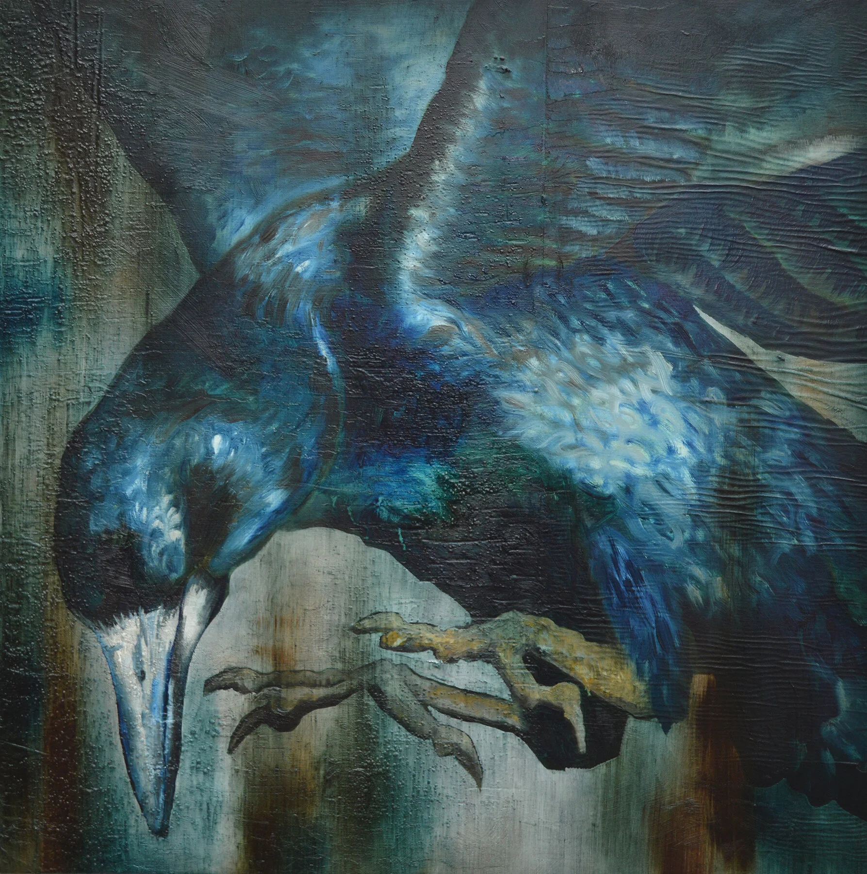 Dark blue and green landscape with a distant mountain form and textured, atmospheric sky, painted by Tracy Sweeney.