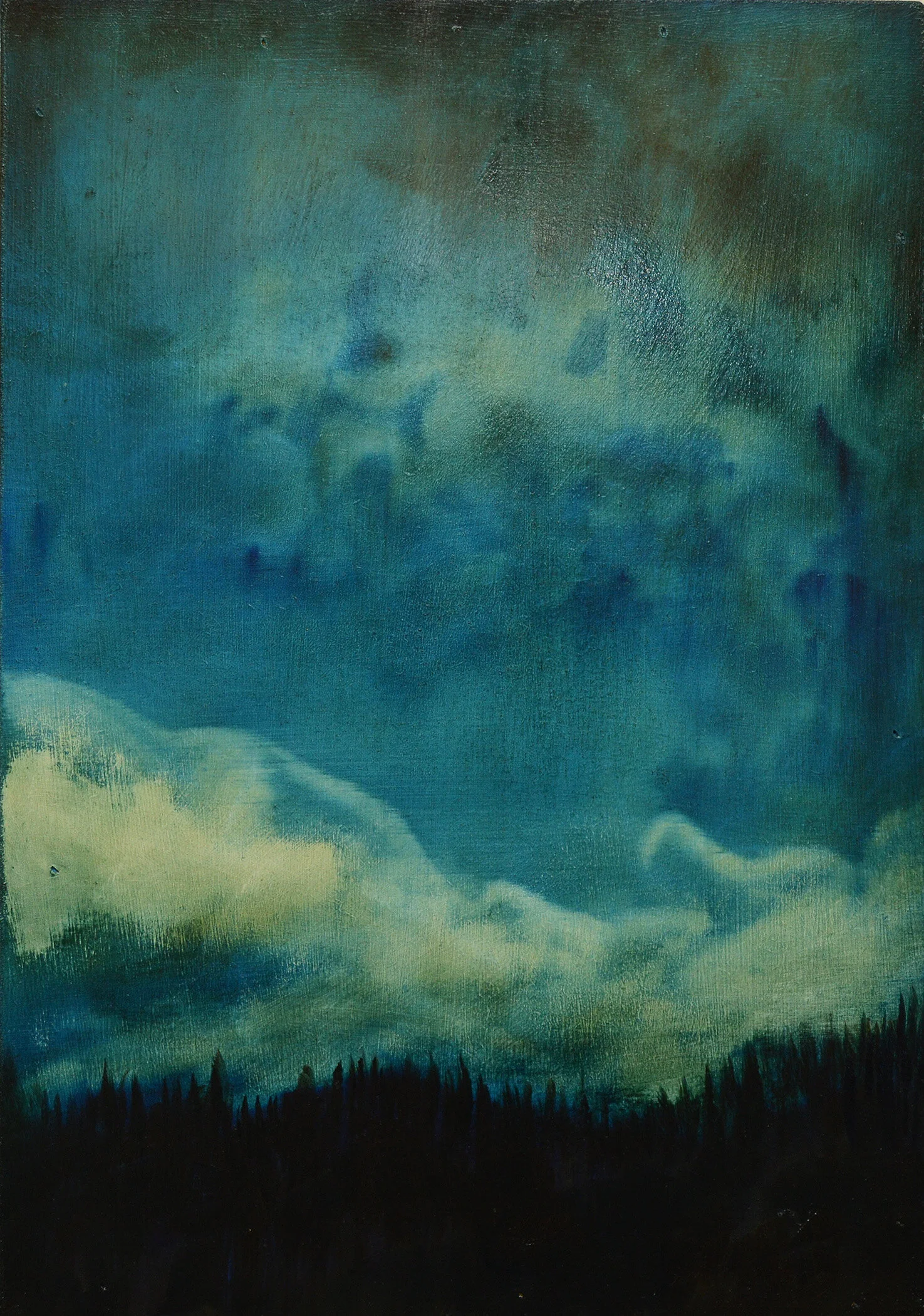 Dark blue and green landscape with a distant mountain form and textured, atmospheric sky, painted by Tracy Sweeney.