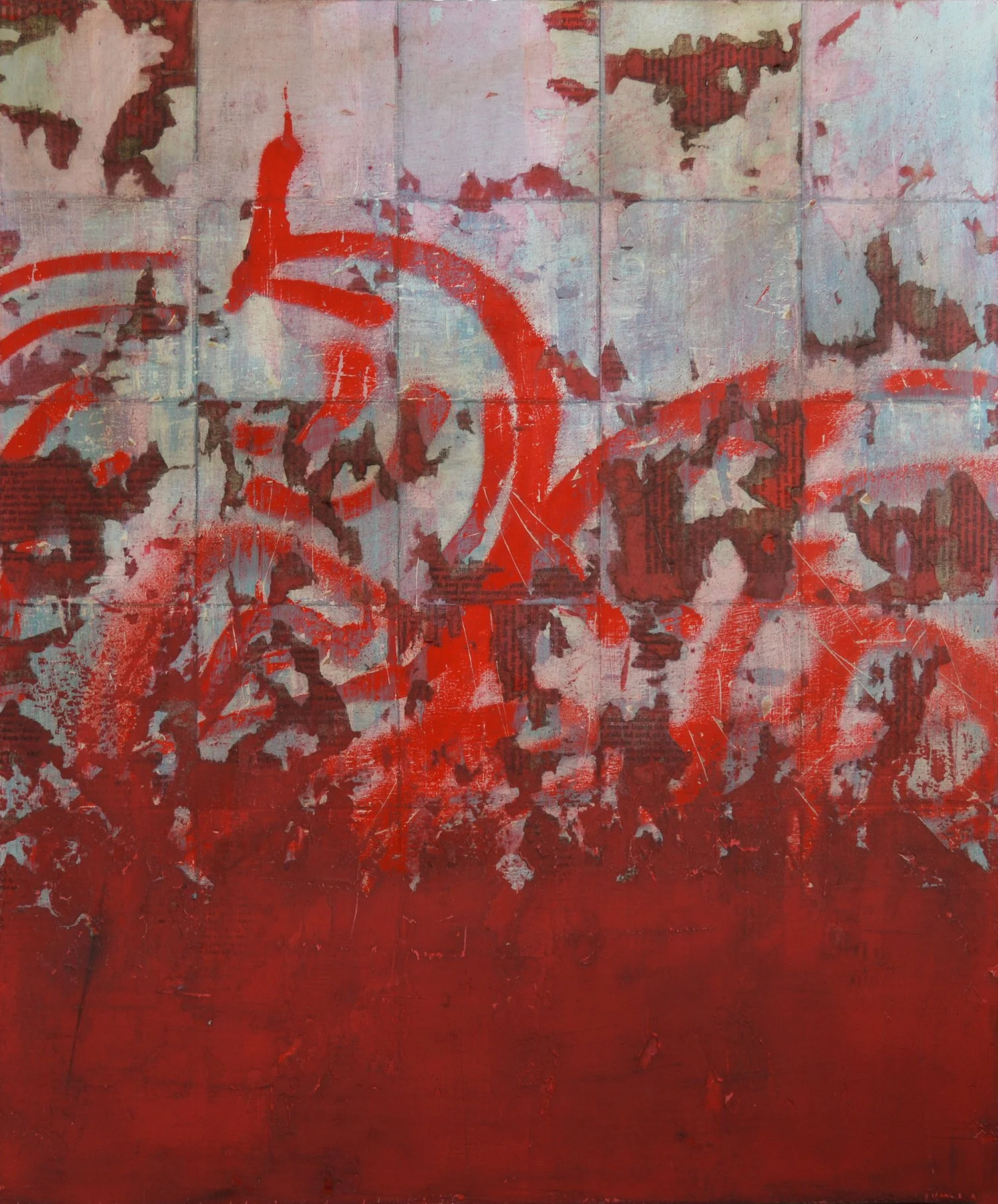 Abstract painting by Tracy Sweeney in red, white and black, with a large red circular form over a textured, layered surface.