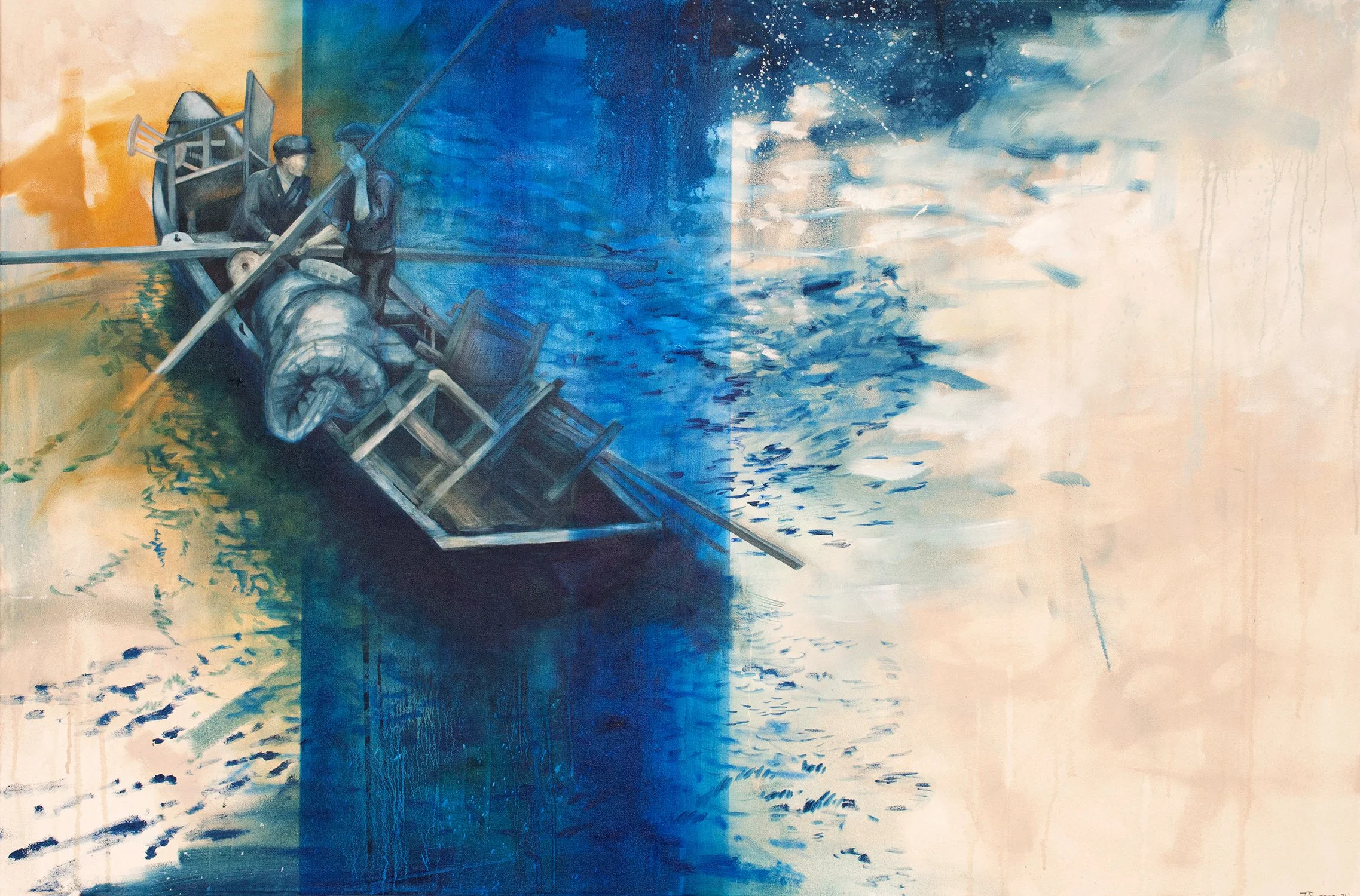 Abstract painting by Tracy Sweeney in blue and white, depicting a figure and boat-like form against a textured, atmospheric background.