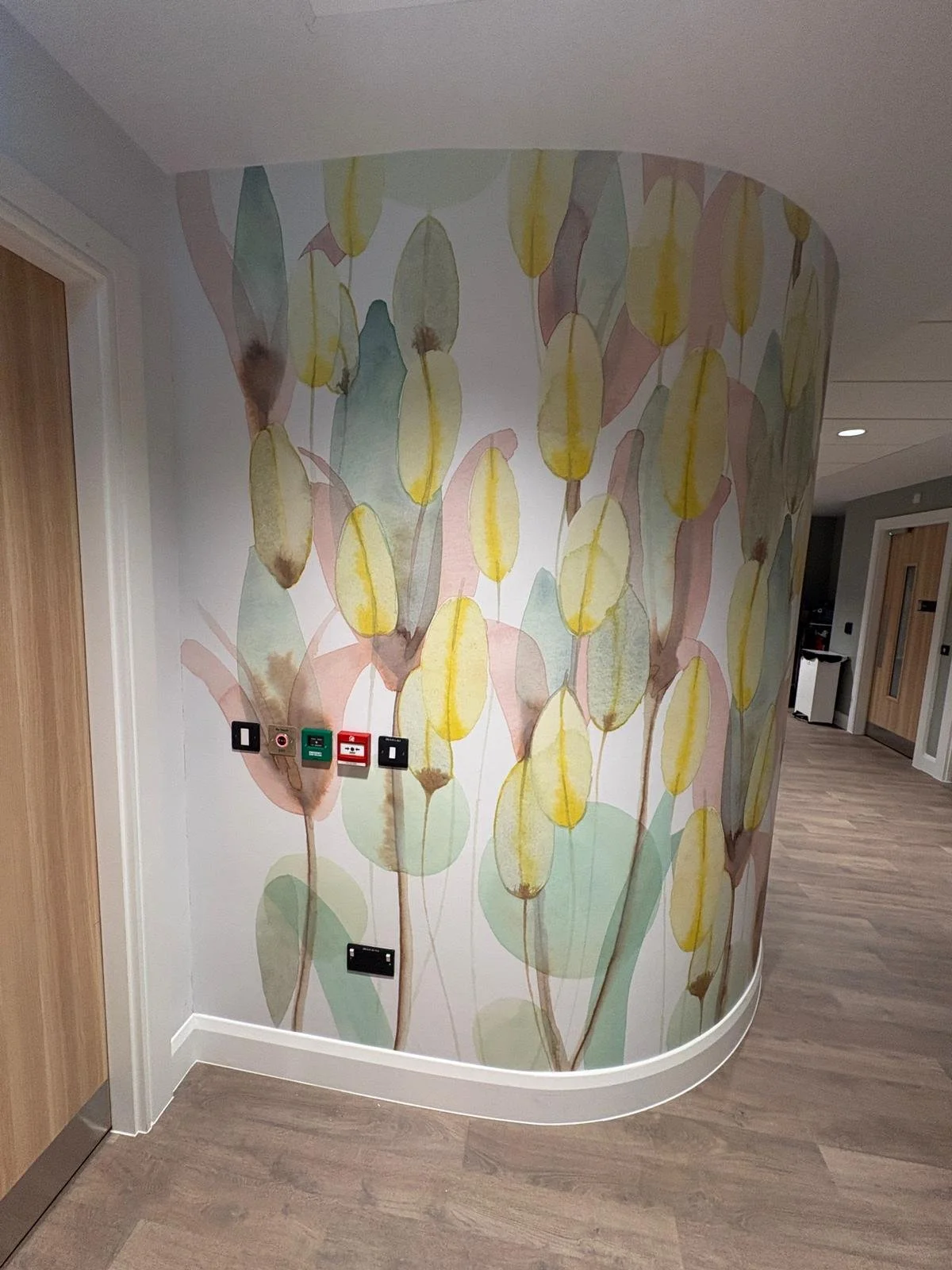 Floral artwork in subtle pale colours, on the curved wall of the Towlerton Diagnostic Building as part of the Bon Secour Hospital Limerick, artwork by Tracy Sweeney, Irish multi-disciplinary artist
