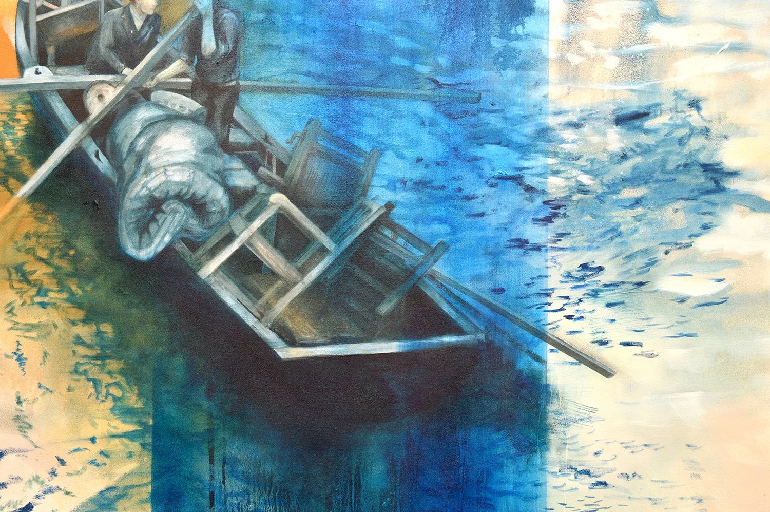 painting closeup of old furniture in an irish currach boat, painted by Tracy Sweeney, rich brushstrokes, and waves in the background
