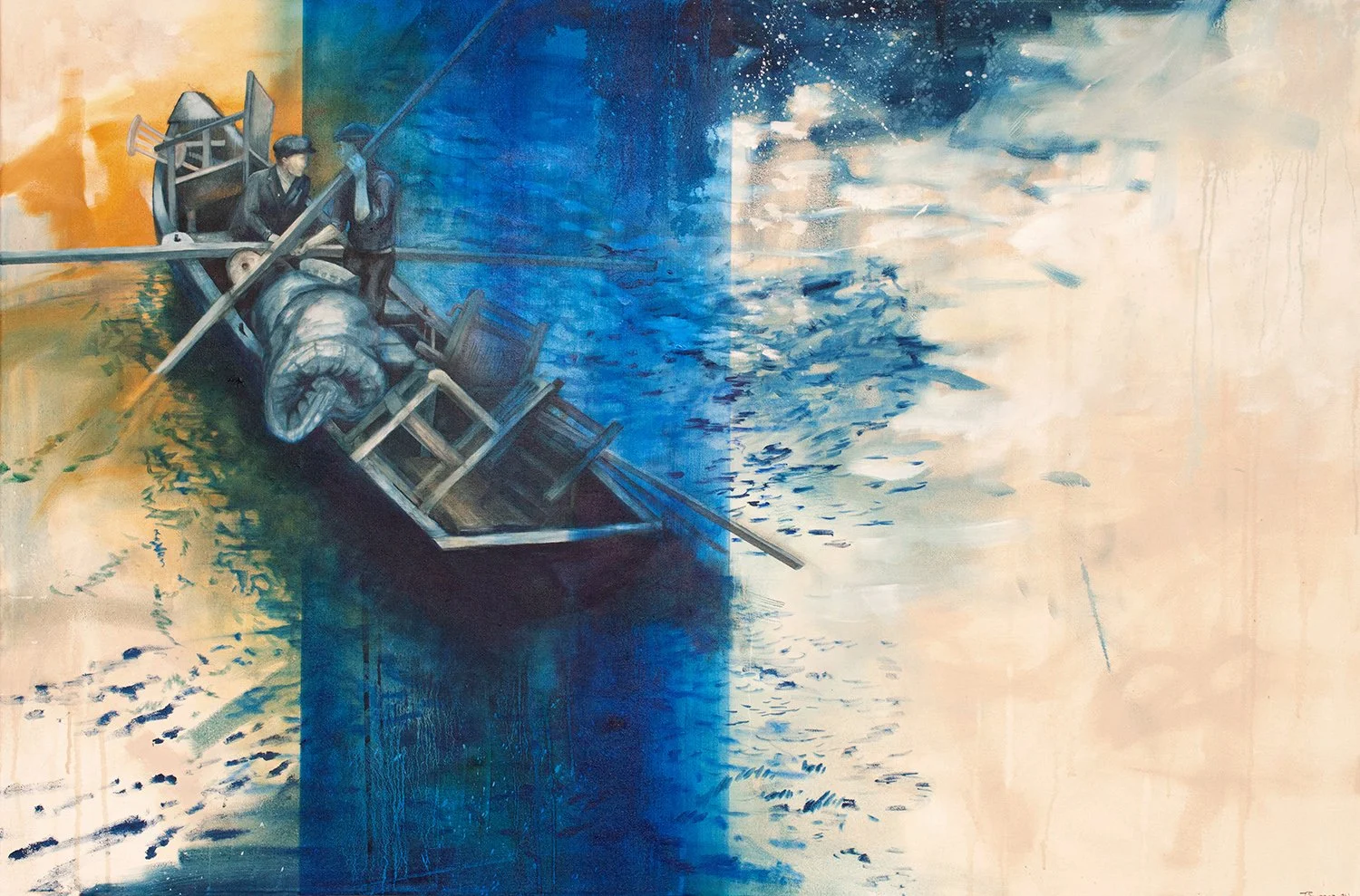 currach irish boat historical painting by tracy sweeney on interior wall hanging over a white couch