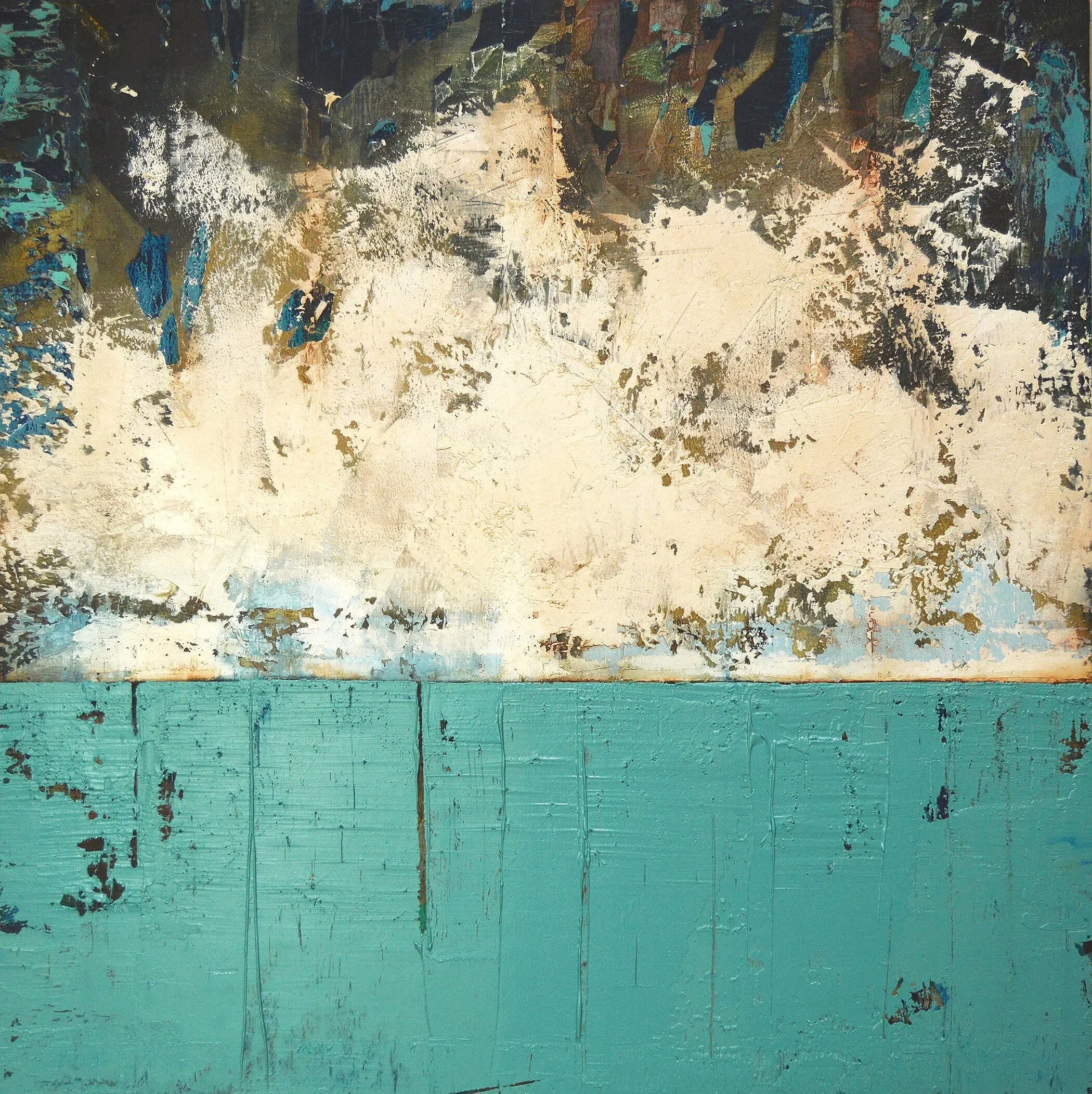 Horses of the Sea, an abstract, textured white and teal coloured painting by Irish artist Tracy Sweeney.