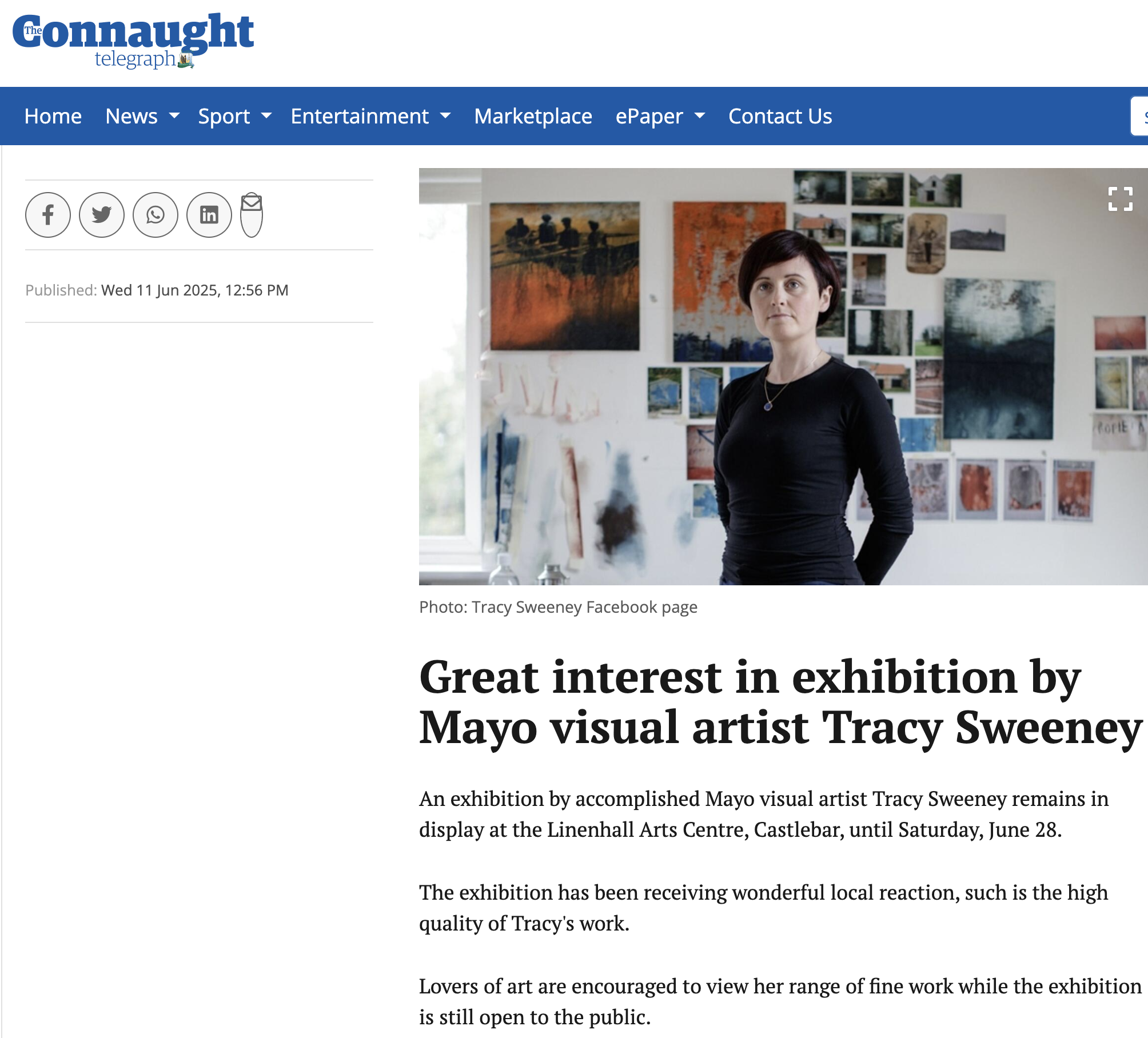 Connaught Telegraph feature on Tracy Sweeney’s exhibition at Linenhall Arts Centre, 2025.