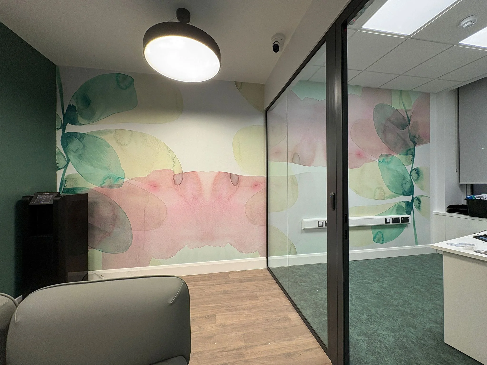 Green and pink subtle watercolours by Tracy Sweeney adorn the walls of the waiting area and reception at a private hospital in Limerick, Ireland, using original Irish art on its public walls.