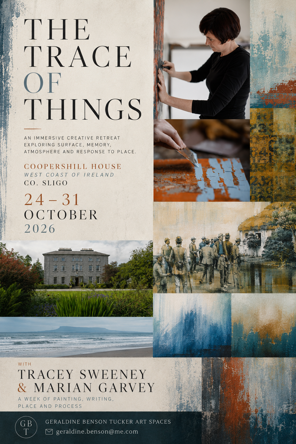 a poster describing an artist retreat called The Trace of Things which will take place in Coopershill House, in Sligo, in October 2026, with artist Tracy Sweeney and writer Marion Garvey