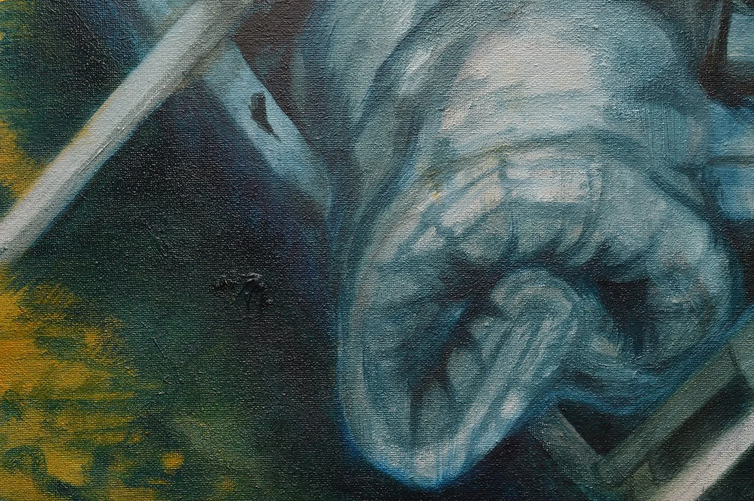 painting closeup of old furniture in an irish currach boat, painted by Tracy Sweeney, rich brushstrokes, and waves in the background