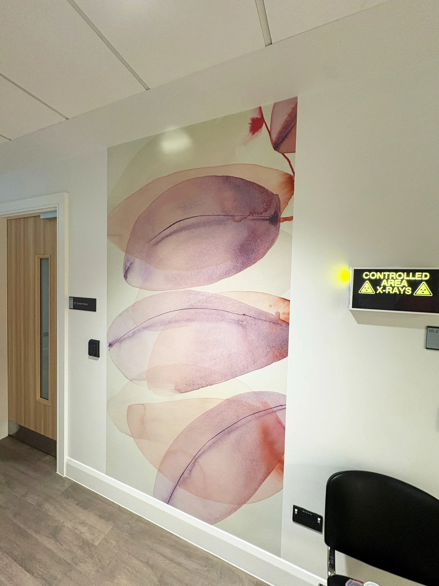 Image of a large Irish watercolour on a private hospital x-ray entrance. Artwork by Tracy Sweeney, in tones of pink and purple.