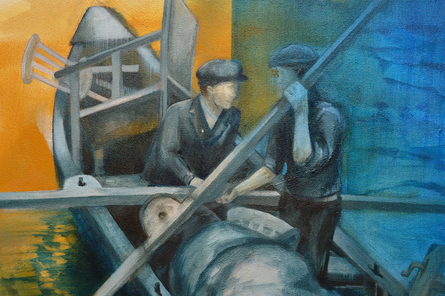 painting closeup of two fishermen in an irish currach boat, painted by Tracy Sweeney, rich brushstrokes
