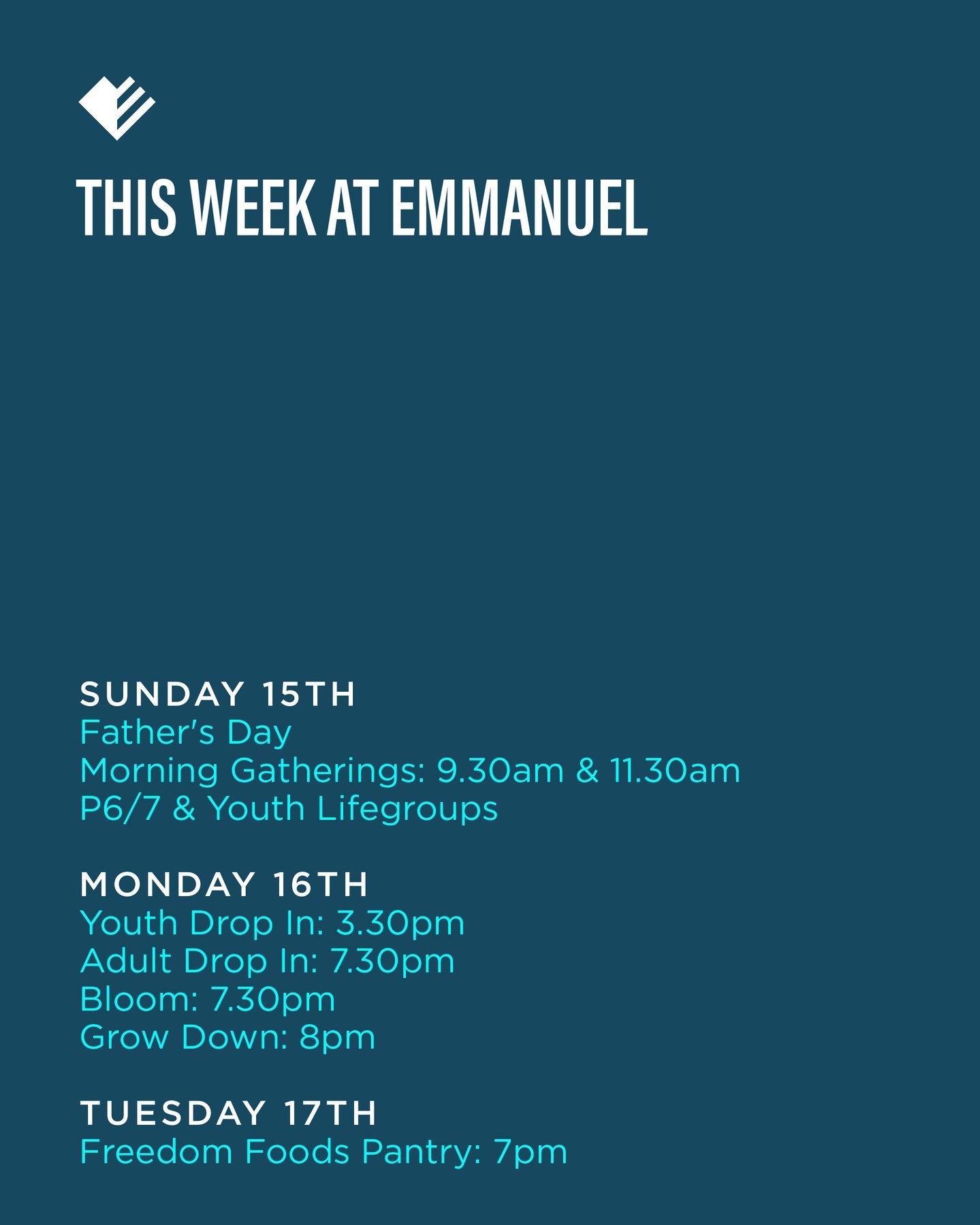 Check out what is happening this week at Emmanuel - please take note of what environments are not on ✨️