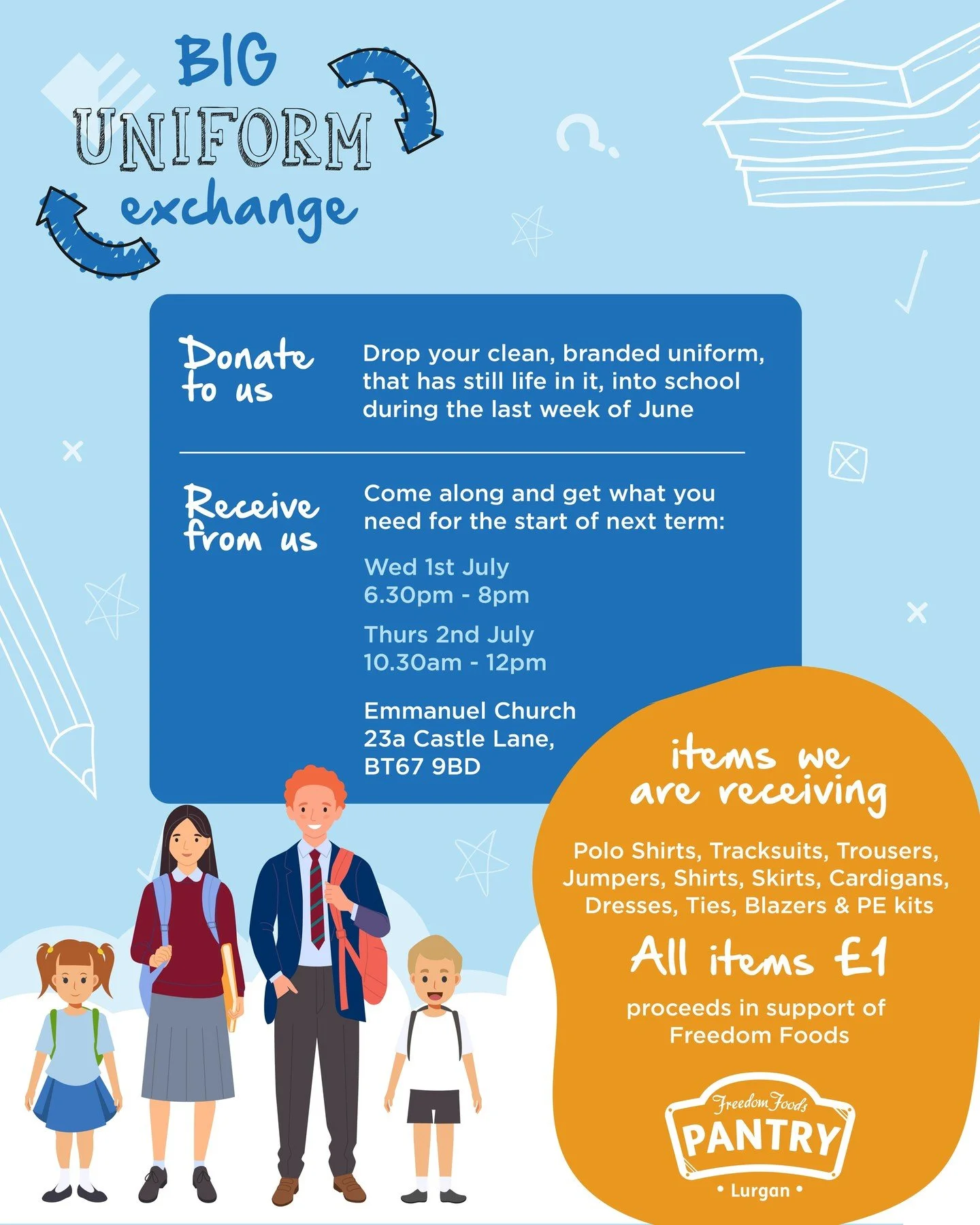 We're delighted to announce that our Big Uniform Exchange is returning for 2026!⁠
⁠
We'll have a wide range of school uniforms available, including both generic and branded items from:⁠
Lurgan Model⁠
Carrick⁠
Dickson⁠
Kings Park⁠
Waringstown⁠
Lurgan 