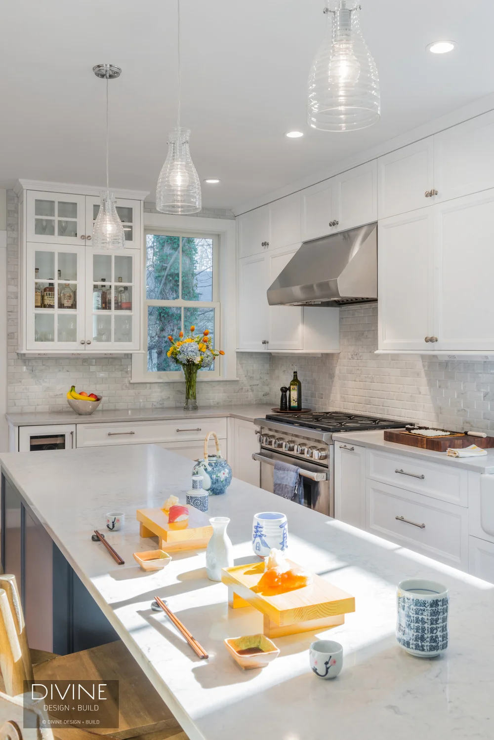 Boston Newton Tansitional Kitchen Blue Gray Island Divine Design