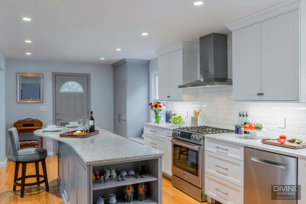 Boston Metrowest Transitional Kitchen Grey Island Divine Design Build Boston Metrowest Transitional Kitchen, White Kitchen Gray Island Countertop