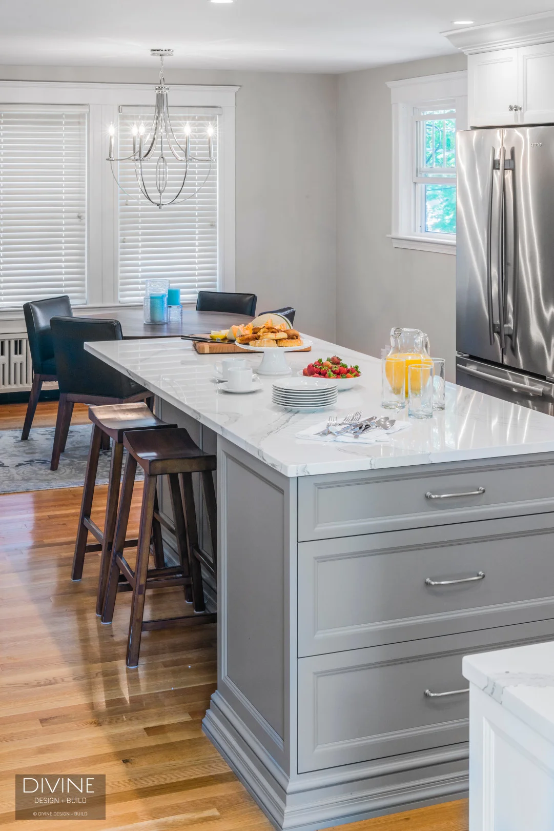 Boston Light and Bright Transitional Kitchen Grey Island — Divine