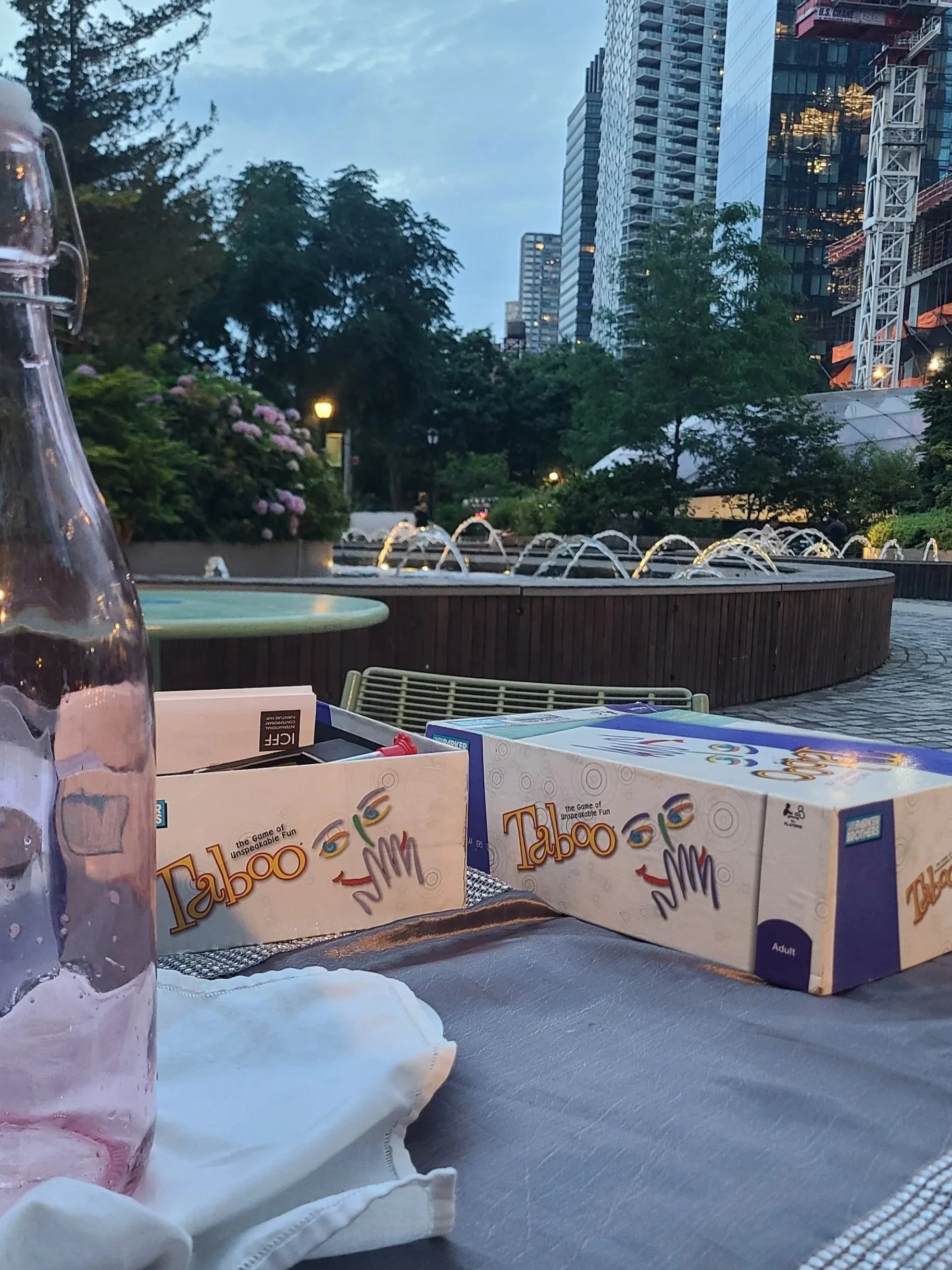 Playing Taboo at Hudson Yards with a water fountain in the background