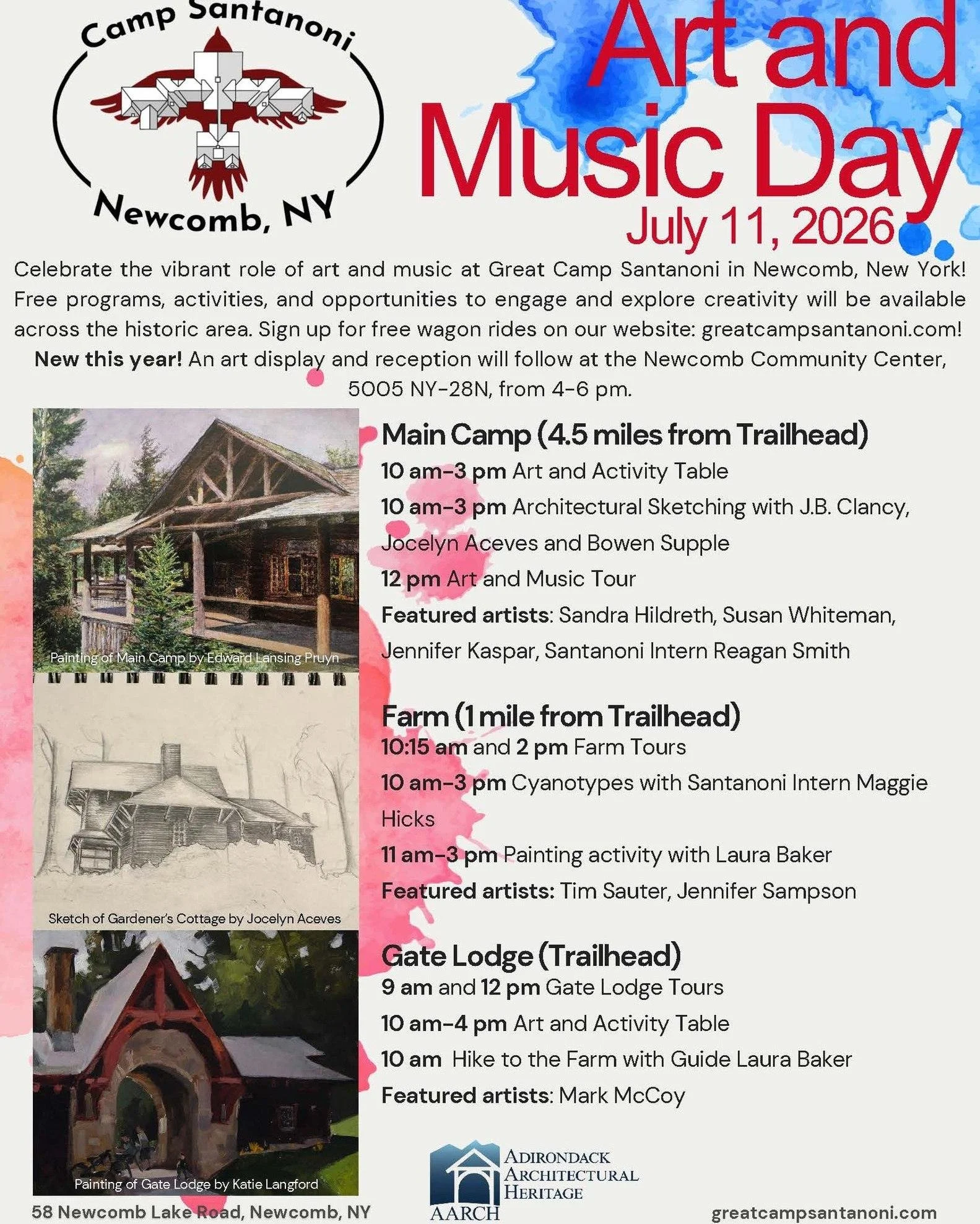 Announcing the lineup for our 3rd Annual Art and Music Day! 

Join us from 9 a.m.-6 p.m. on Saturday, July 11 for a celebration of the history of art and music across the Camp Santanoni Historic Area! 

Free wagon rides with Newcombe Farm will be ava
