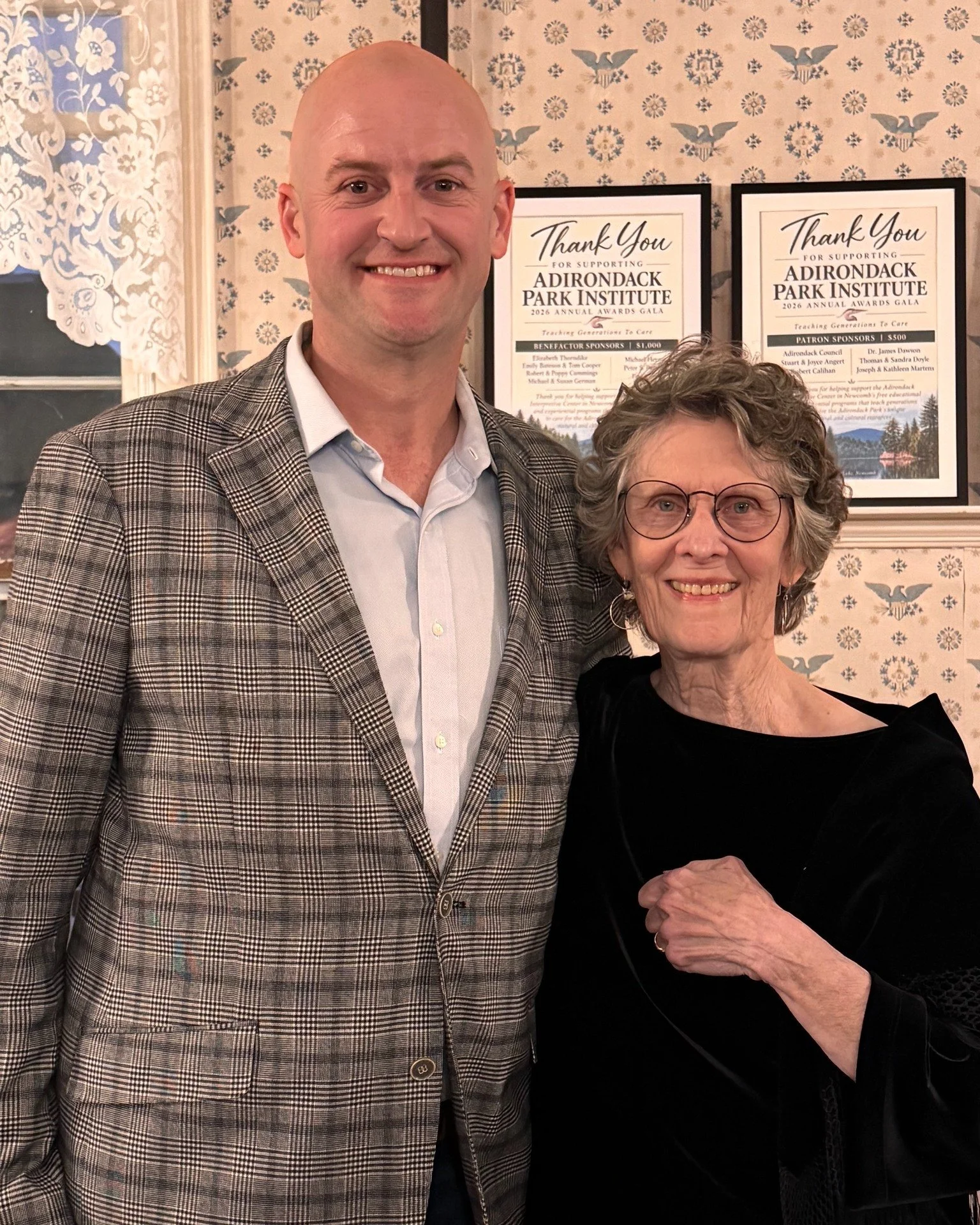 Congratulations to our #Santanoni partner Dr. Joan Burke of the Newcomb Historical Museum, pictured here with David Hughes of the Town of Newcomb and the @adkarch Santanoni Committee, on the recogition of her exemplary community service at the Adiron