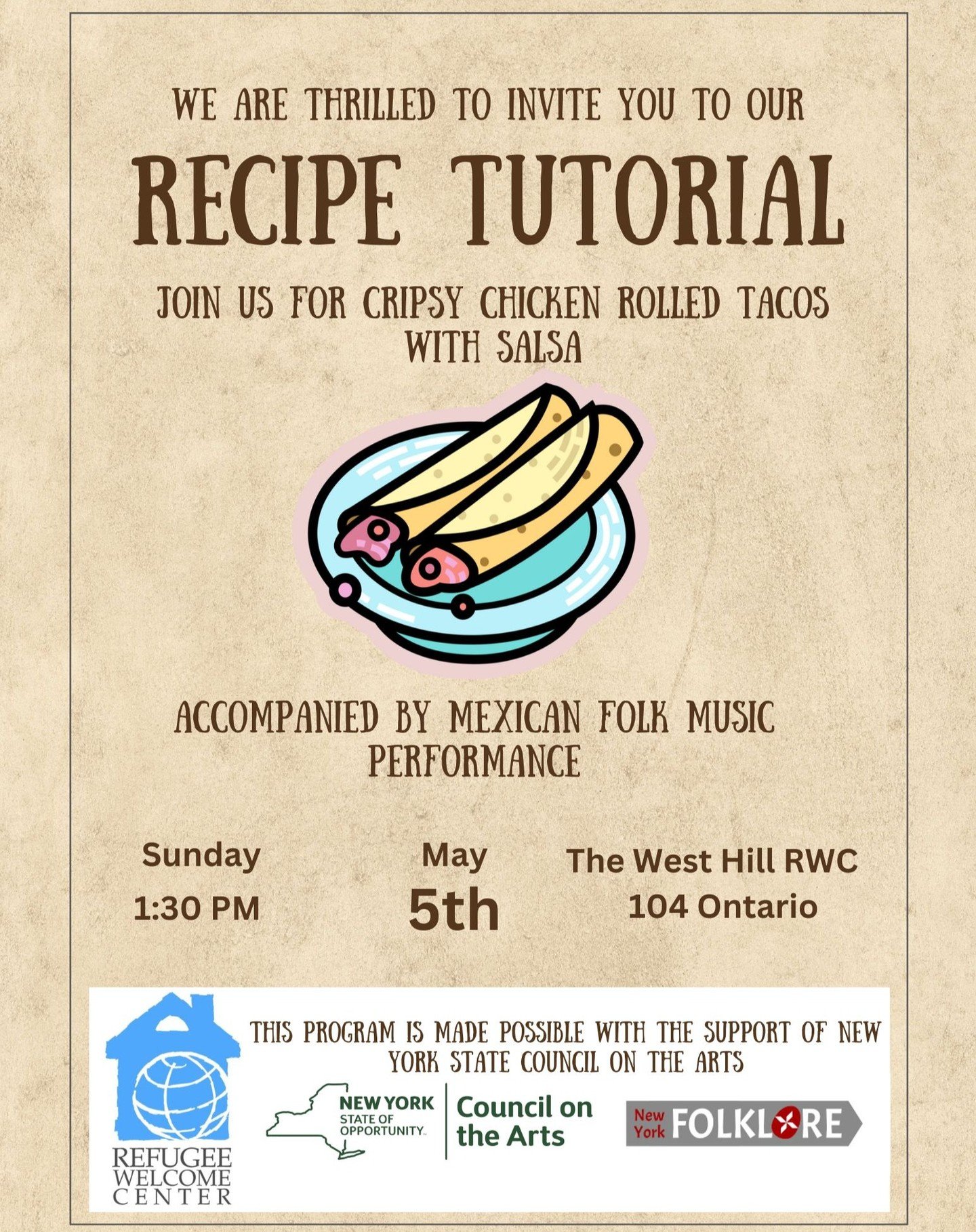 Come join us this Sunday for a delicious recipe tutorial: let's learn how to make Crispy Chicken rolled Tacos with Salsa/Taquitos Dorados de Pollo Flautas!

A special musical performance will also accompany this event.

May 5th, 1:30pm !!
@nyfolklore