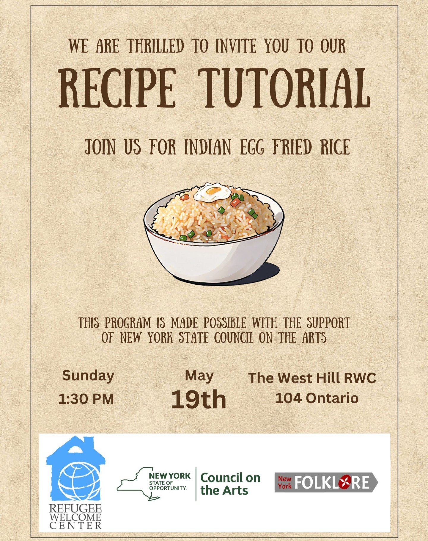 Come join us on Sunday, May 19th, for a delicious recipe tutorial: let's learn how to make Indian Egg Fried Rice 🍳🍚

May 19th, 1:30pm !!
@nyfolklore @nyscouncilonthearts