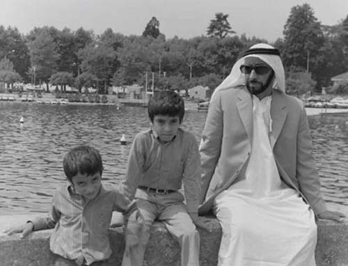 Image from Gulf News: Sheikh Zayed on holiday in Lausanne, Switzerland, with his sons, Shaikh Hamdan Bin Zayed and Shaikh Hazza Bin Zayed.