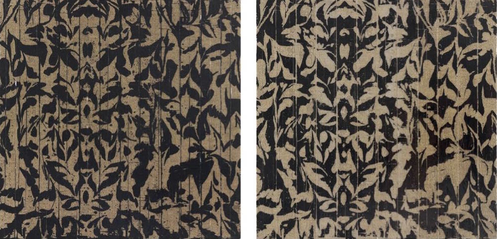 Left: Gregor Hildebrandt - Dirty, video tape on canvas, 30 x 30.5 x 2.5 cm (2014) Right: Gregor Hildebrandt - Dancing, video tape on canvas, 30 x 30.5 x 2.5 cm (2014)