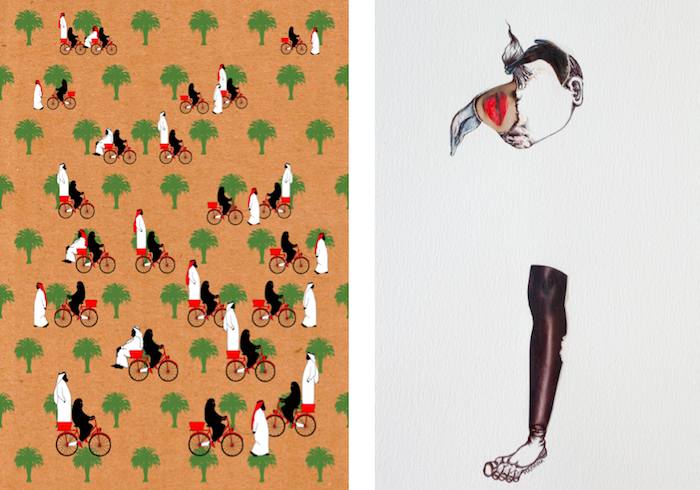 Left: Mohammad Sharaf - Allowed – One year later | Silkscreen-printed on craft paper | 50cm x 70cm Right: Deena Machina - I am Human #1 | Mixed media on paper | 33x48cm