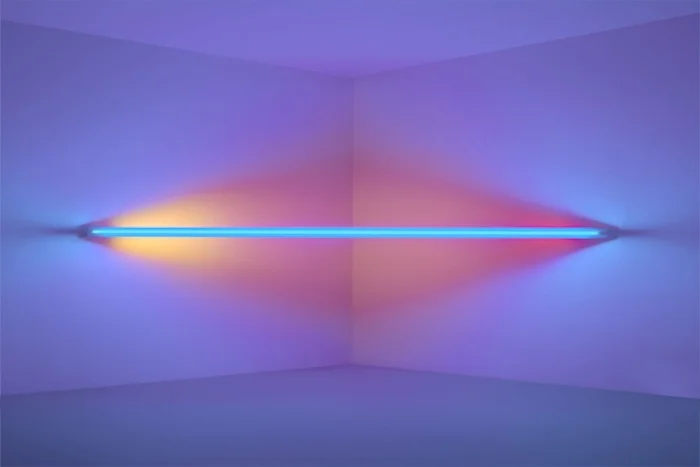 Dan Flavin, untitled (to Virginia Dwan) 2, 1971. blue, yellow, pink, and red fluorescent light. 8 ft. (244 cm) wide across a corner. CL no. 278