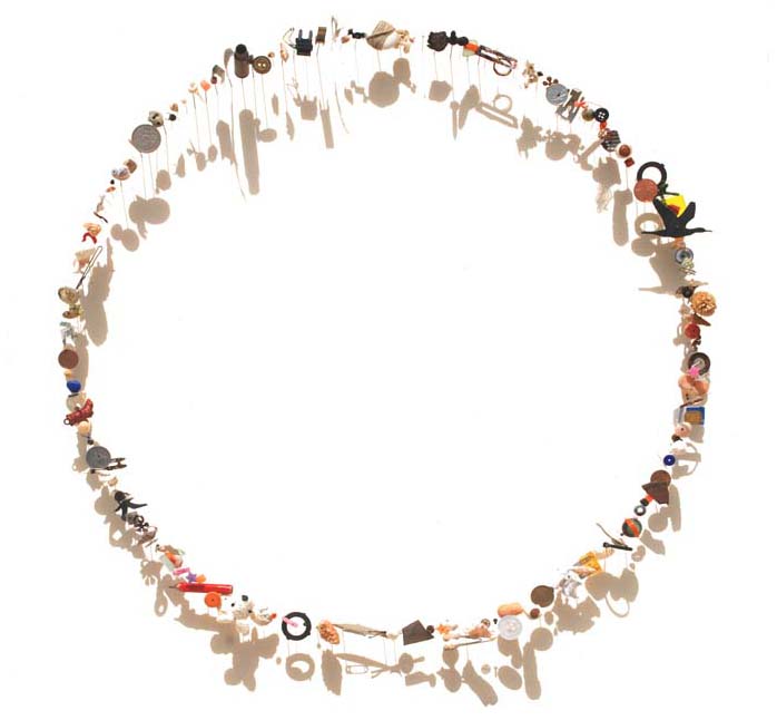 The Continuous Cycle (2011), Dimensions: 62 x 62 cm | Materials: Pins, Glue, Found Objects | "When you stand on the edge of the ocean or looking out over a sea of sand dunes, there is an overwhelming sense of scale, you feel small. In contrast, you can look down at the ground, and pick up a seashell or the body of a dead sand beetle, and examine the patterns and details of these beautiful forms. You have two contrasting perspectives of the natural world, the great and the small."