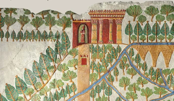 Babylonian Gardens. Restructured colouring of a sculptured relief. © The Trustees of the British Museum